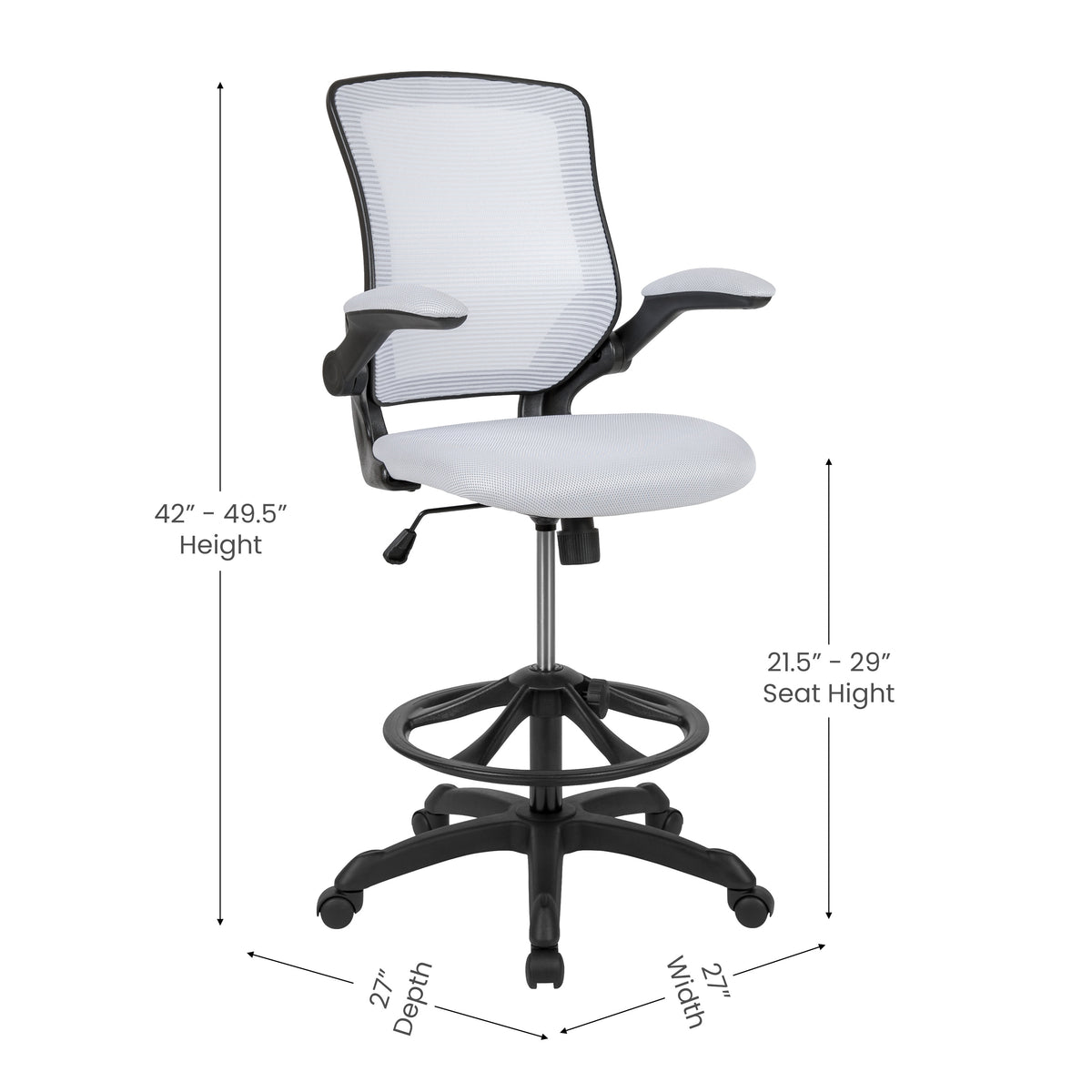 Mid-Back Mesh Ergonomic Drafting Chair with Adjustable Foot Ring and Flip-Up Arms