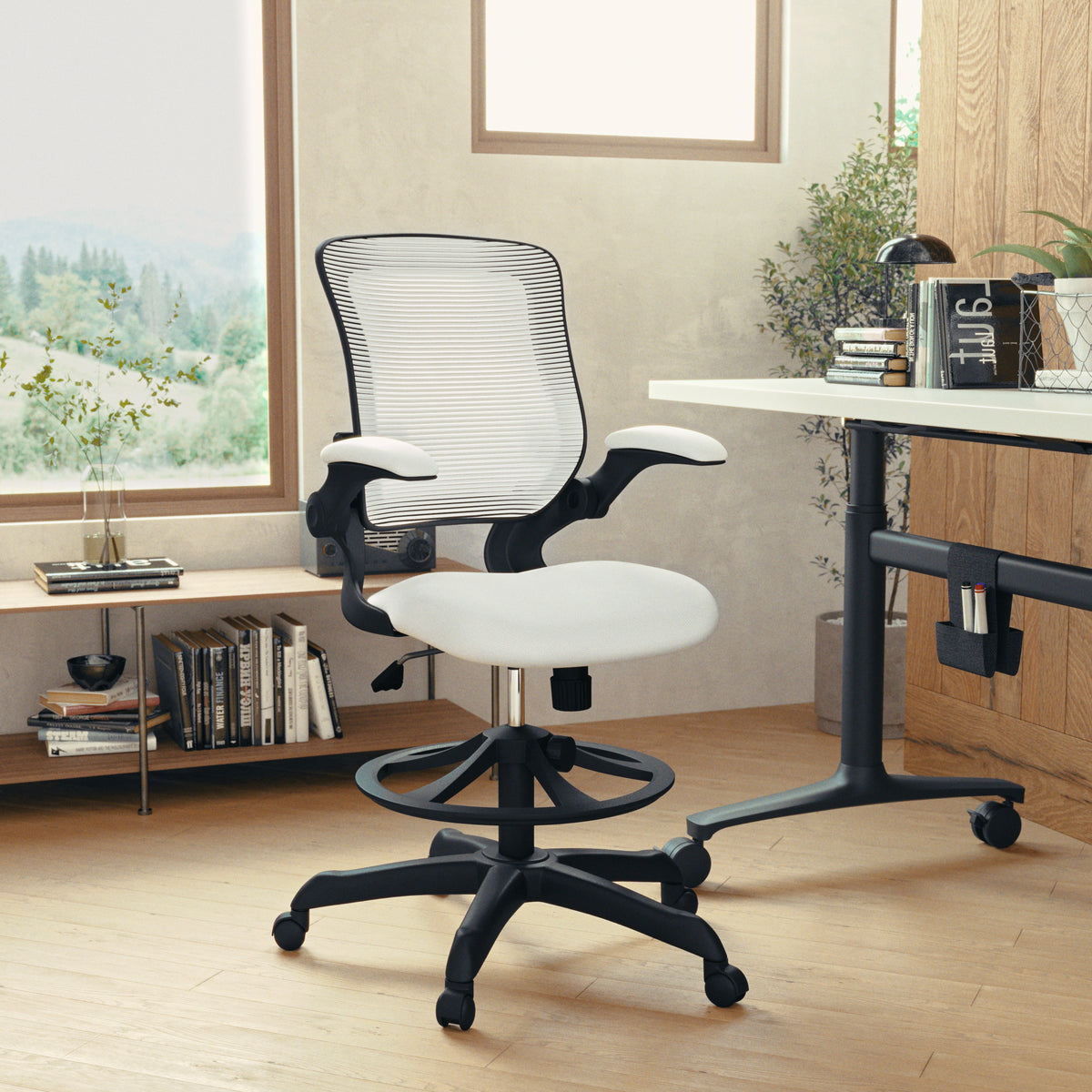 Mid-Back Mesh Ergonomic Drafting Chair with Adjustable Foot Ring and Flip-Up Arms