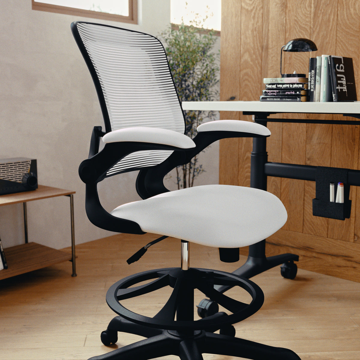 Mid-Back Mesh Ergonomic Drafting Chair with Adjustable Foot Ring and Flip-Up Arms