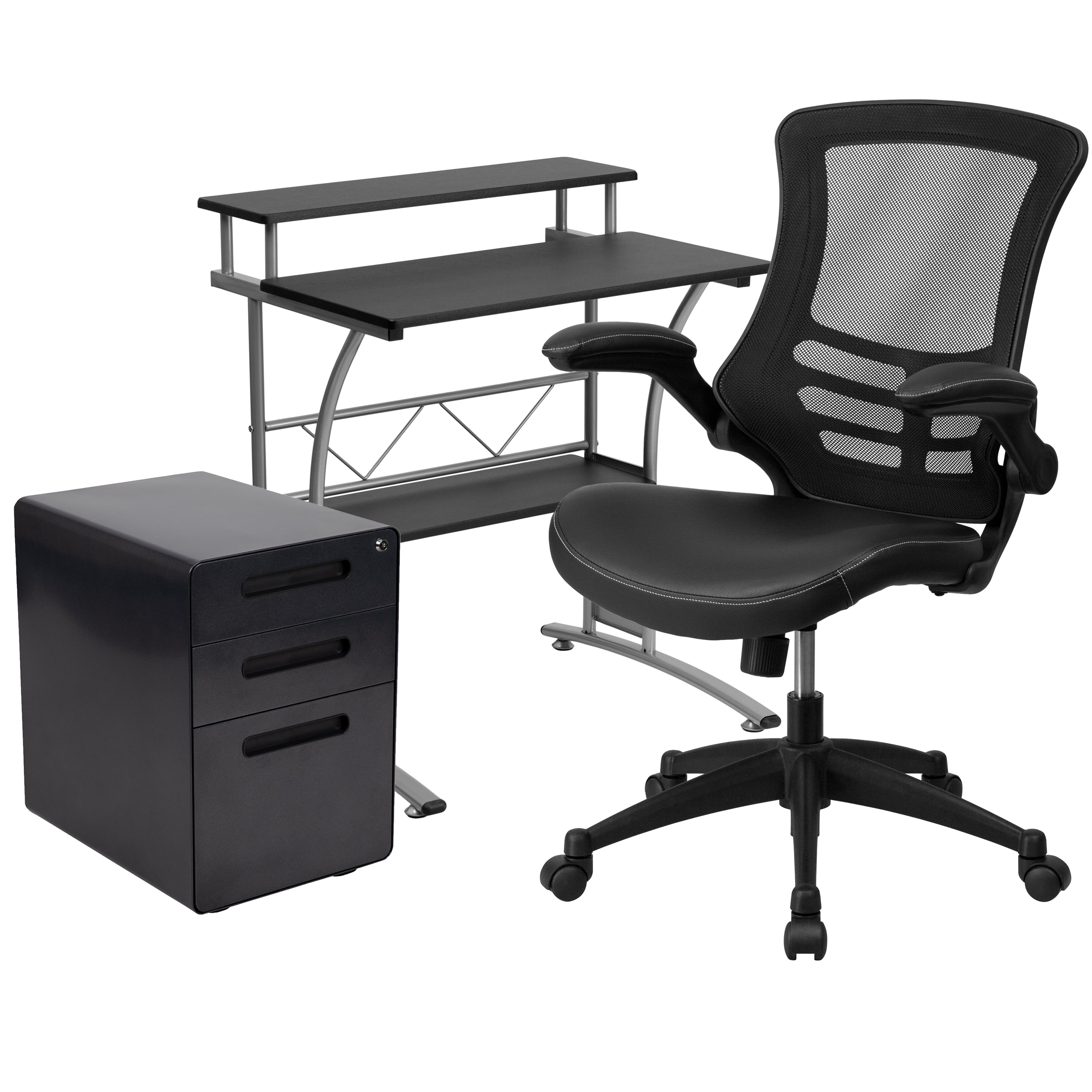 Work From Home Kit - Computer Desk, Ergonomic Mesh/LeatherSoft Office Chair and Locking Mobile Filing Cabinet-Office Bundle - Desk, File Cabinet, Chair-Flash Furniture-Wall2Wall Furnishings