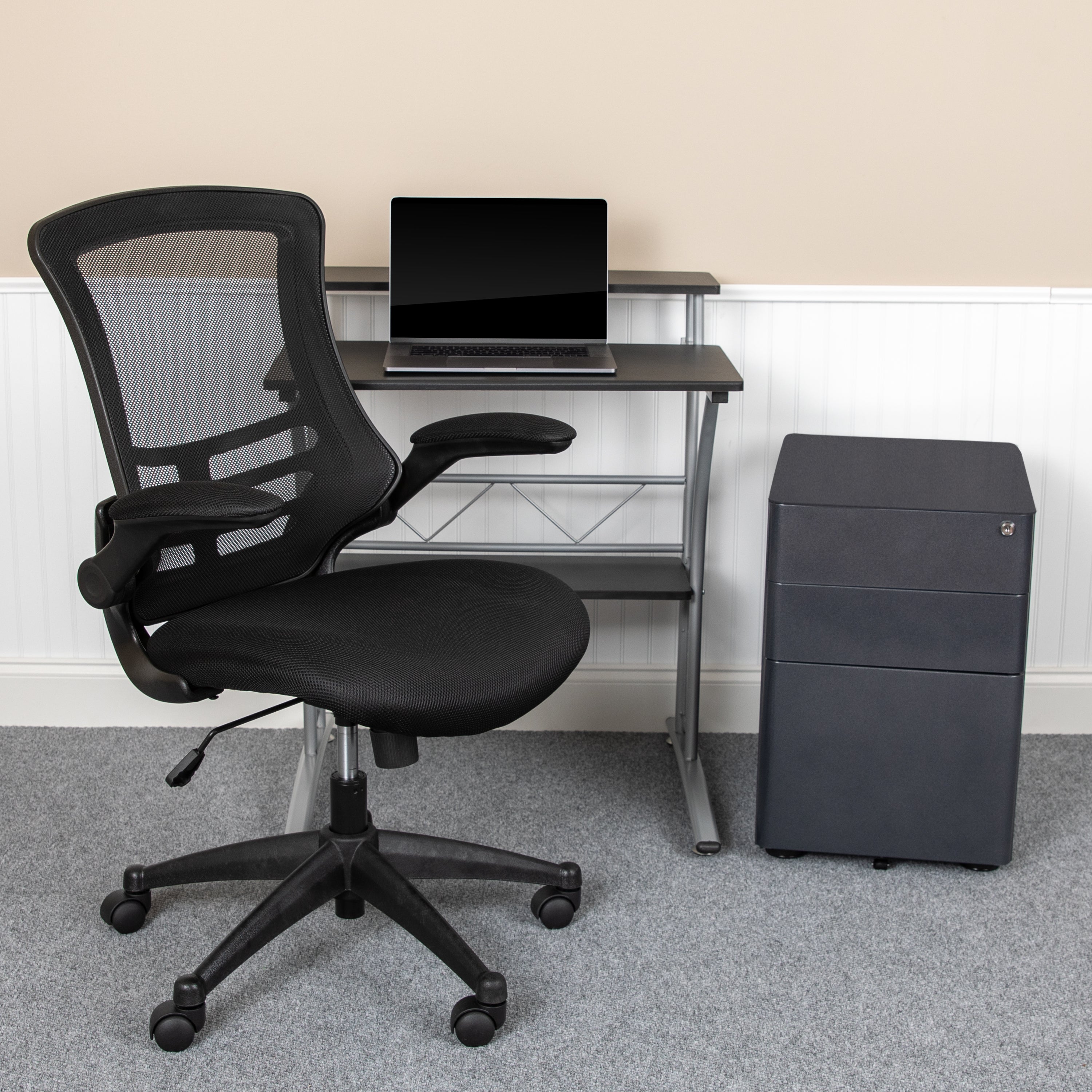 Work From Home Kit - Computer Desk, Ergonomic Mesh Office Chair and Locking Mobile Filing Cabinet with Side Handles-Office Bundle - Desk, File Cabinet, Chair-Flash Furniture-Wall2Wall Furnishings