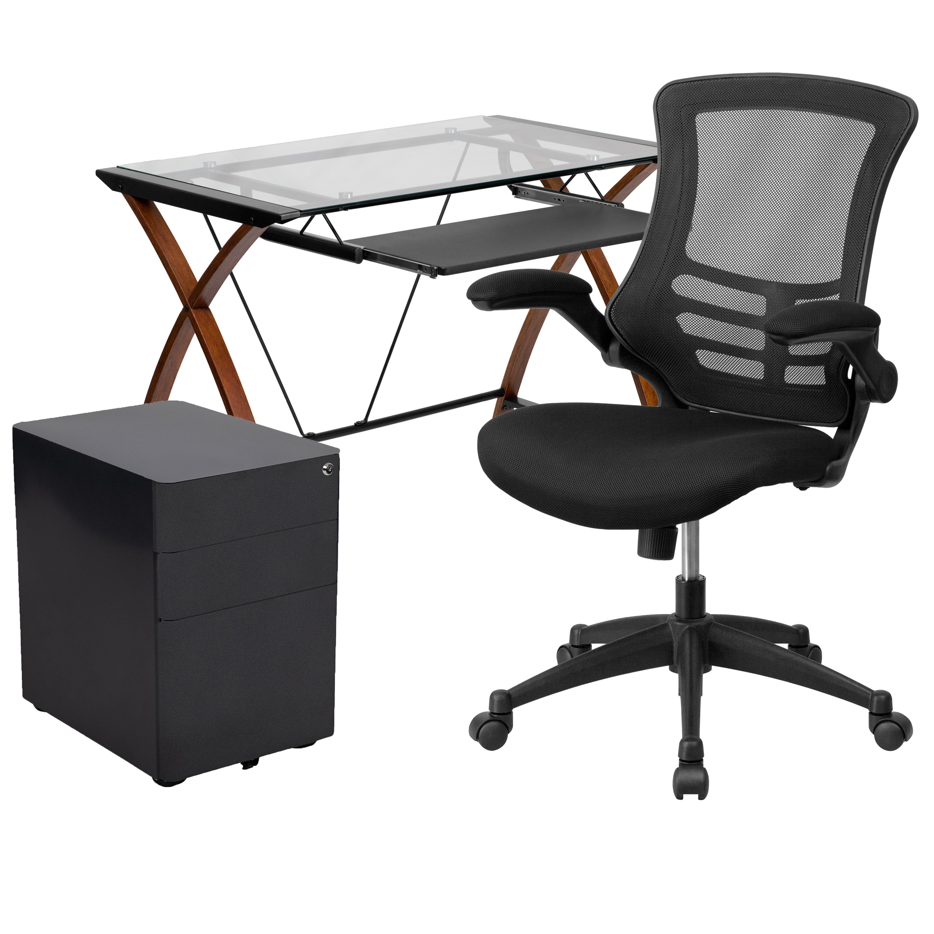 Work From Home Kit - Glass Desk with Keyboard Tray, Ergonomic Mesh Office Chair and Filing Cabinet with Lock & Side Handles-Office Bundle - Desk, File Cabinet, Chair-Flash Furniture-Wall2Wall Furnishings
