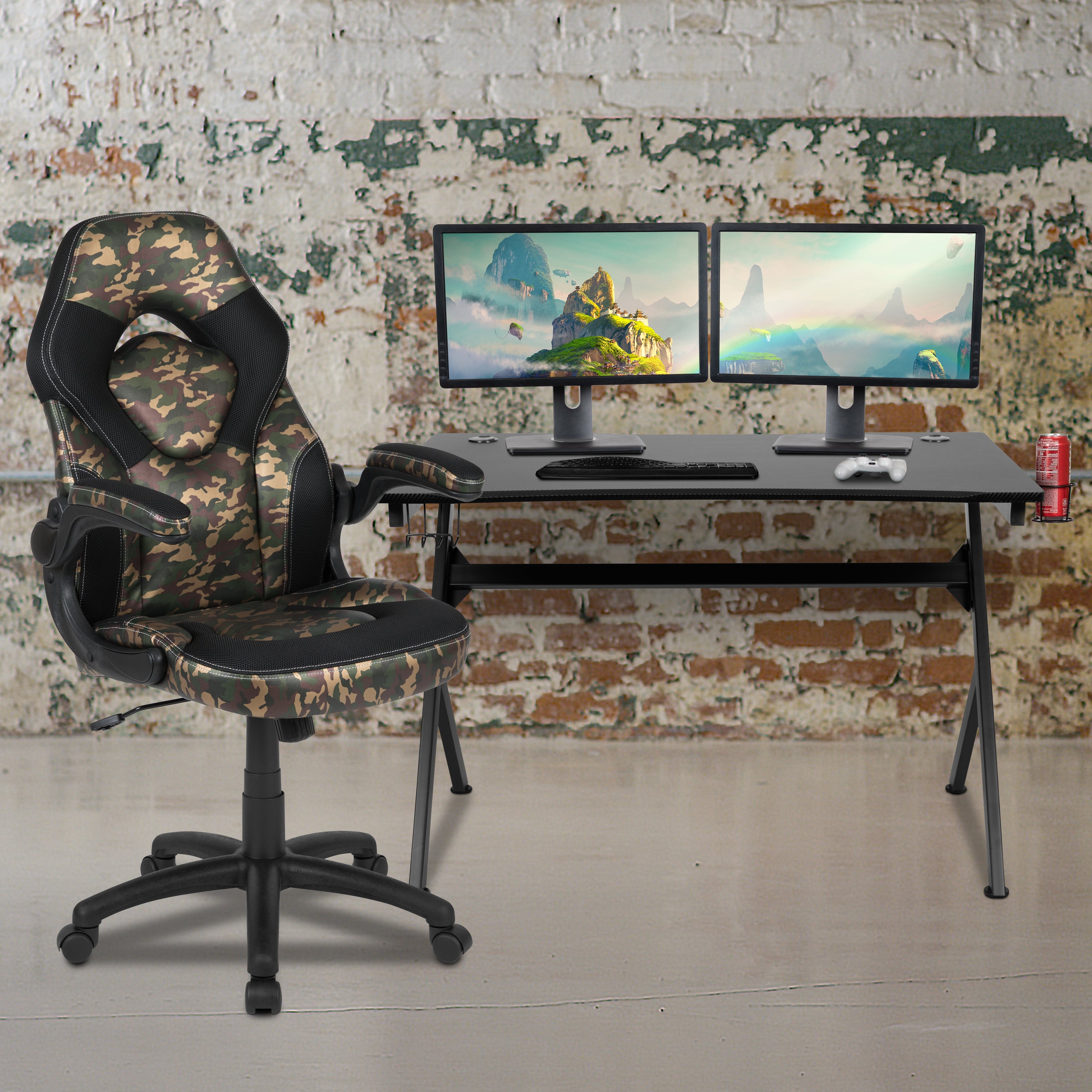 Gaming Desk and Racing Chair Set with Cup Holder, Headphone Hook & 2 Wire Management Holes