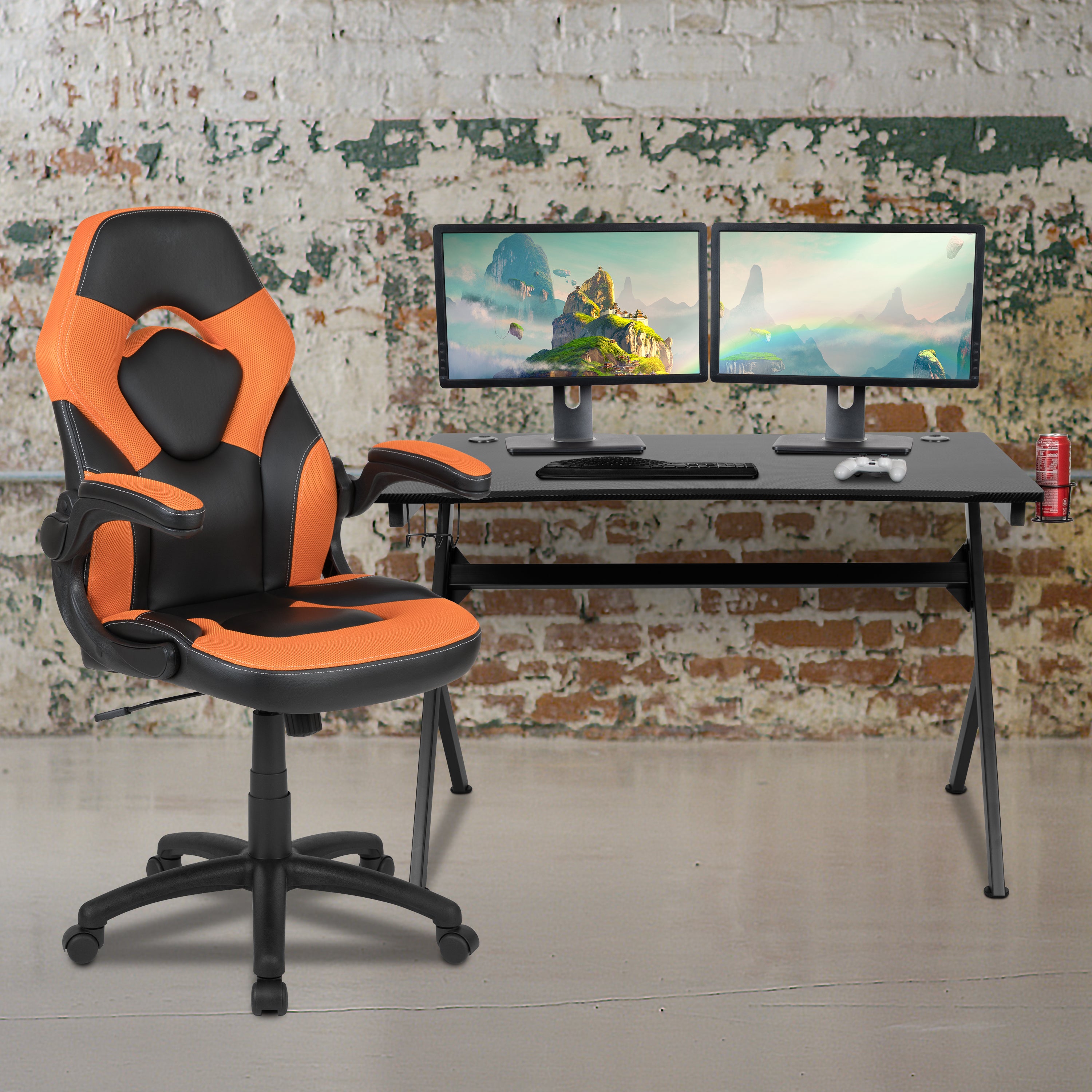 Gaming Desk and Racing Chair Set with Cup Holder, Headphone Hook & 2 Wire Management Holes