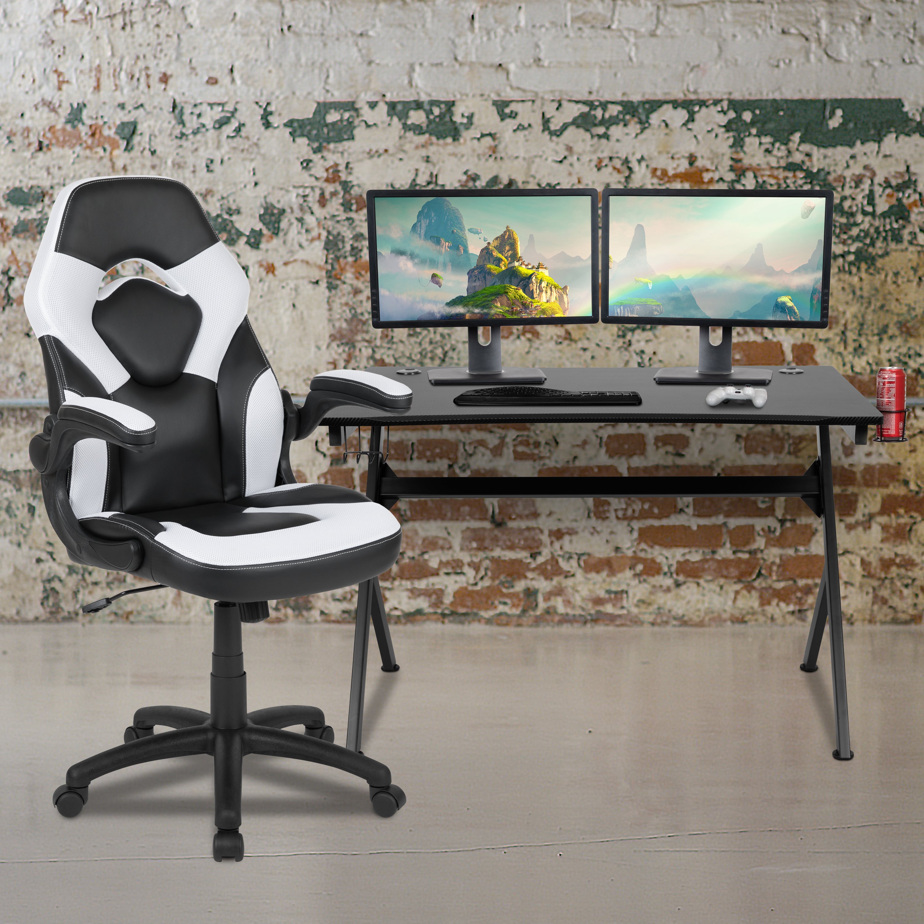Gaming Desk and Racing Chair Set with Cup Holder, Headphone Hook & 2 Wire Management Holes