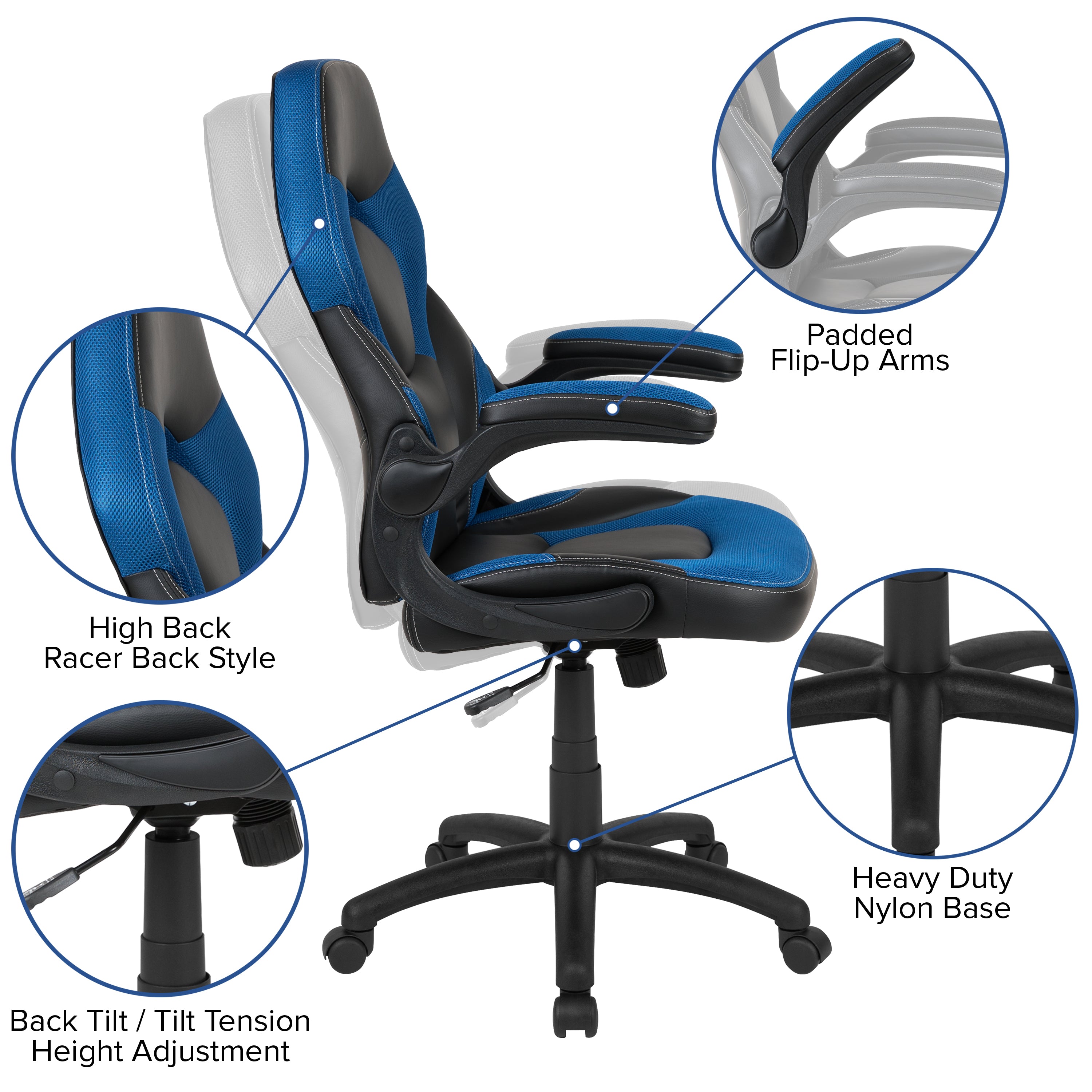 Gaming Desk and Racing Chair Set with Cup Holder, Headphone Hook and Removable Mouse Pad Top - 2 Wire Management Holes