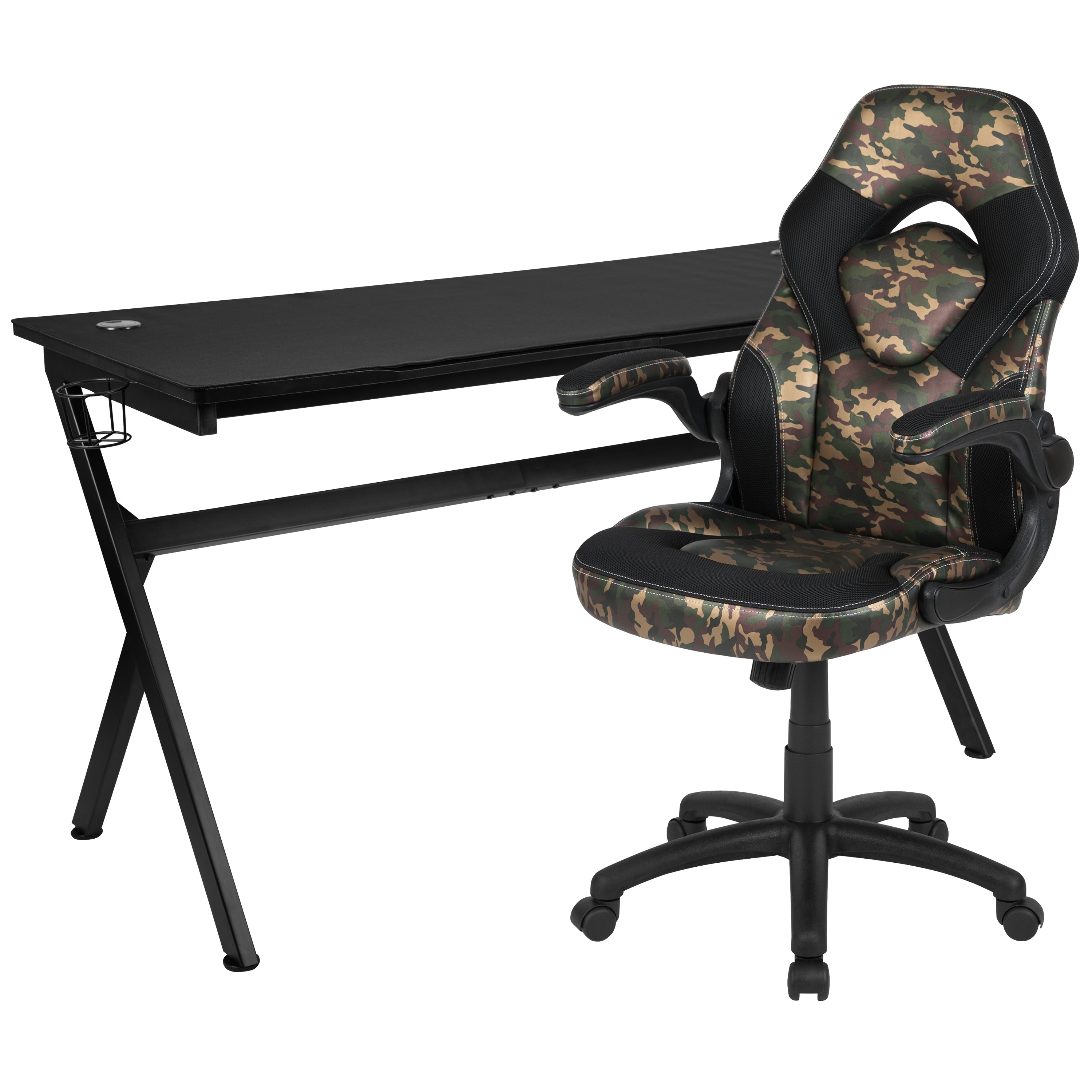 Gaming Desk and Racing Chair Set with Cup Holder, Headphone Hook and Removable Mouse Pad Top - 2 Wire Management Holes