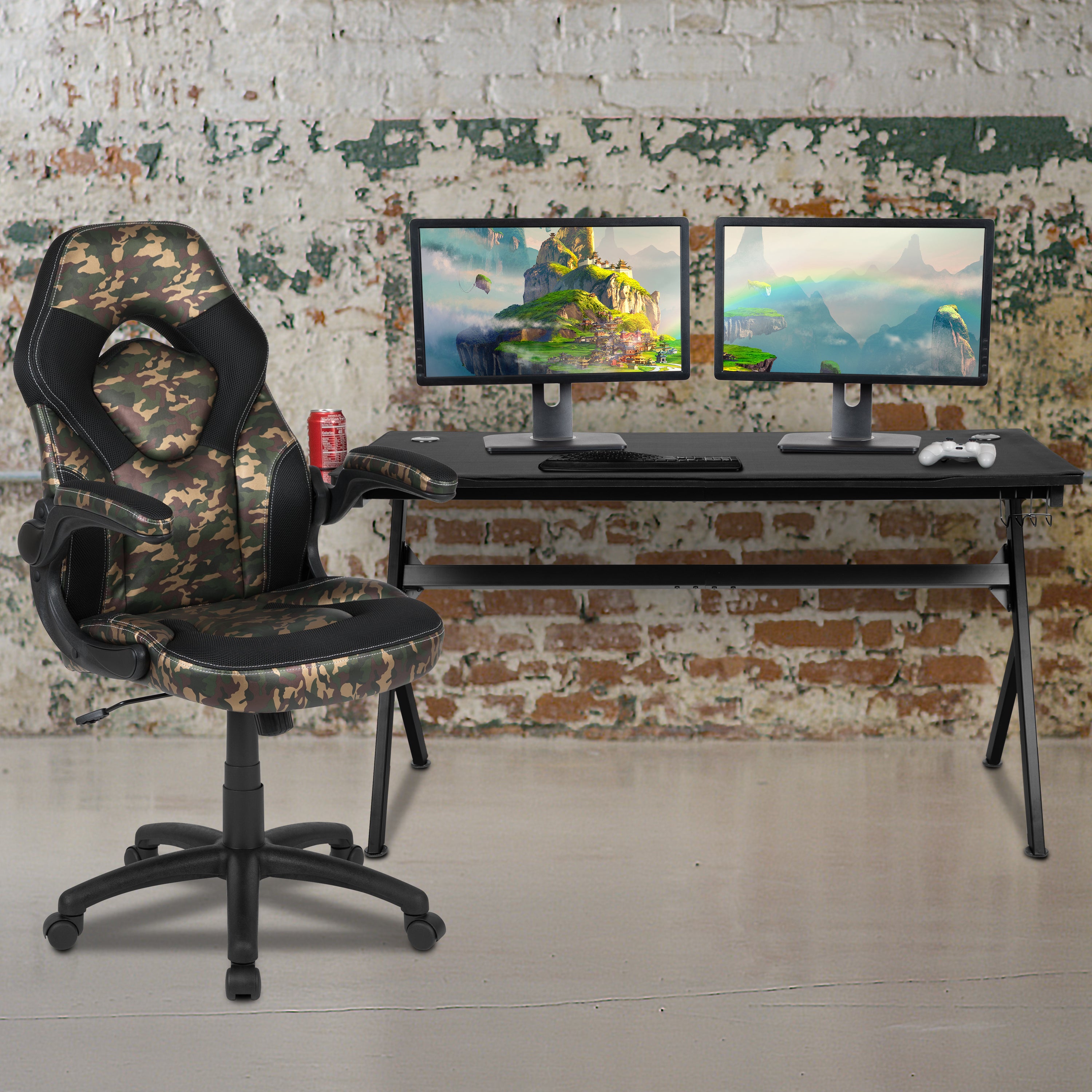 Gaming Desk and Racing Chair Set with Cup Holder, Headphone Hook and Removable Mouse Pad Top - 2 Wire Management Holes