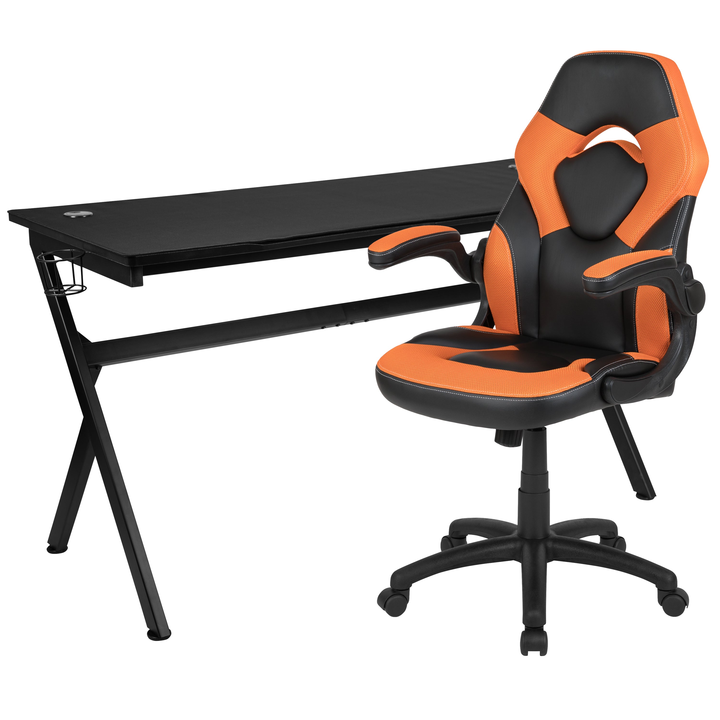 Gaming Desk and Racing Chair Set with Cup Holder, Headphone Hook and Removable Mouse Pad Top - 2 Wire Management Holes