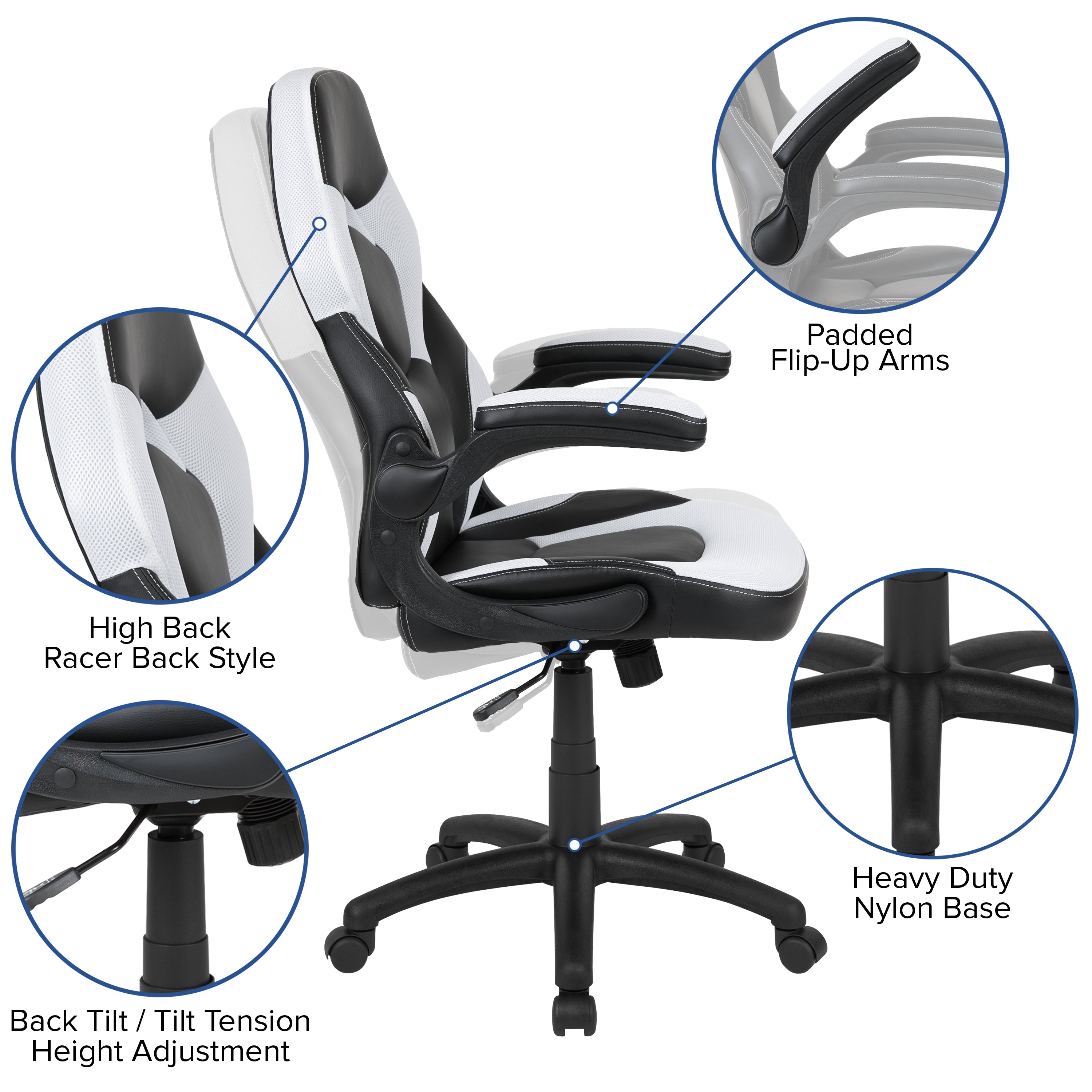 Gaming Desk and Racing Chair Set with Cup Holder, Headphone Hook and Removable Mouse Pad Top - 2 Wire Management Holes