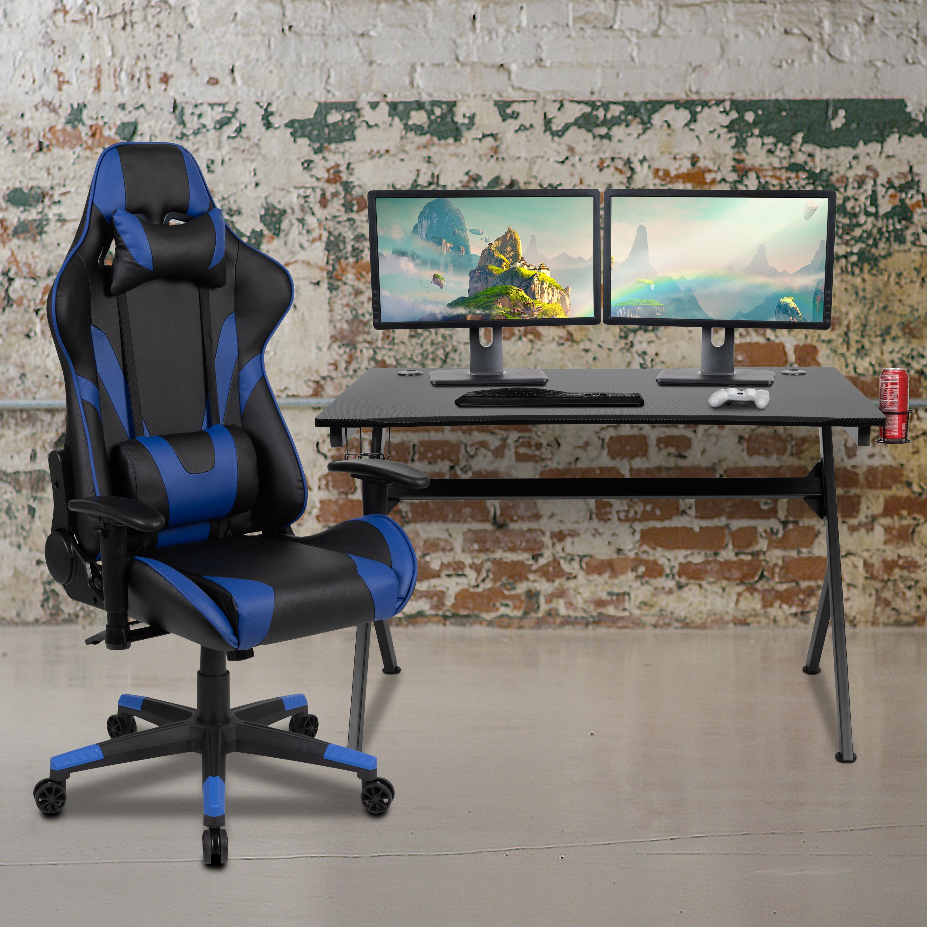 Gaming Desk and Reclining Gaming Chair Set with Cup Holder, Headphone Hook & 2 Wire Management Holes