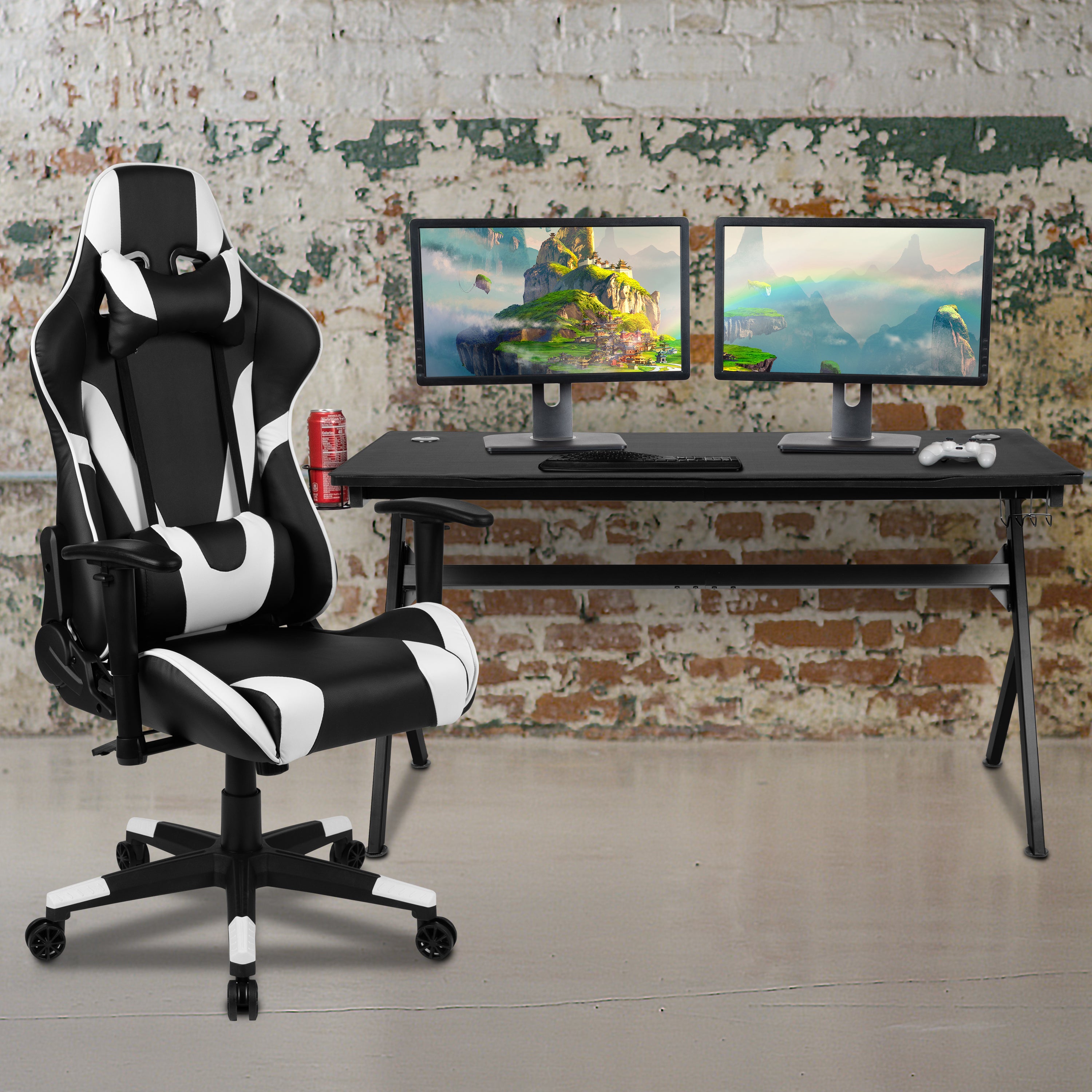 Gaming Desk and Reclining Gaming Chair Set with Cup Holder, Headphone Hook & Removable Mouse Pad Top - Wire Management