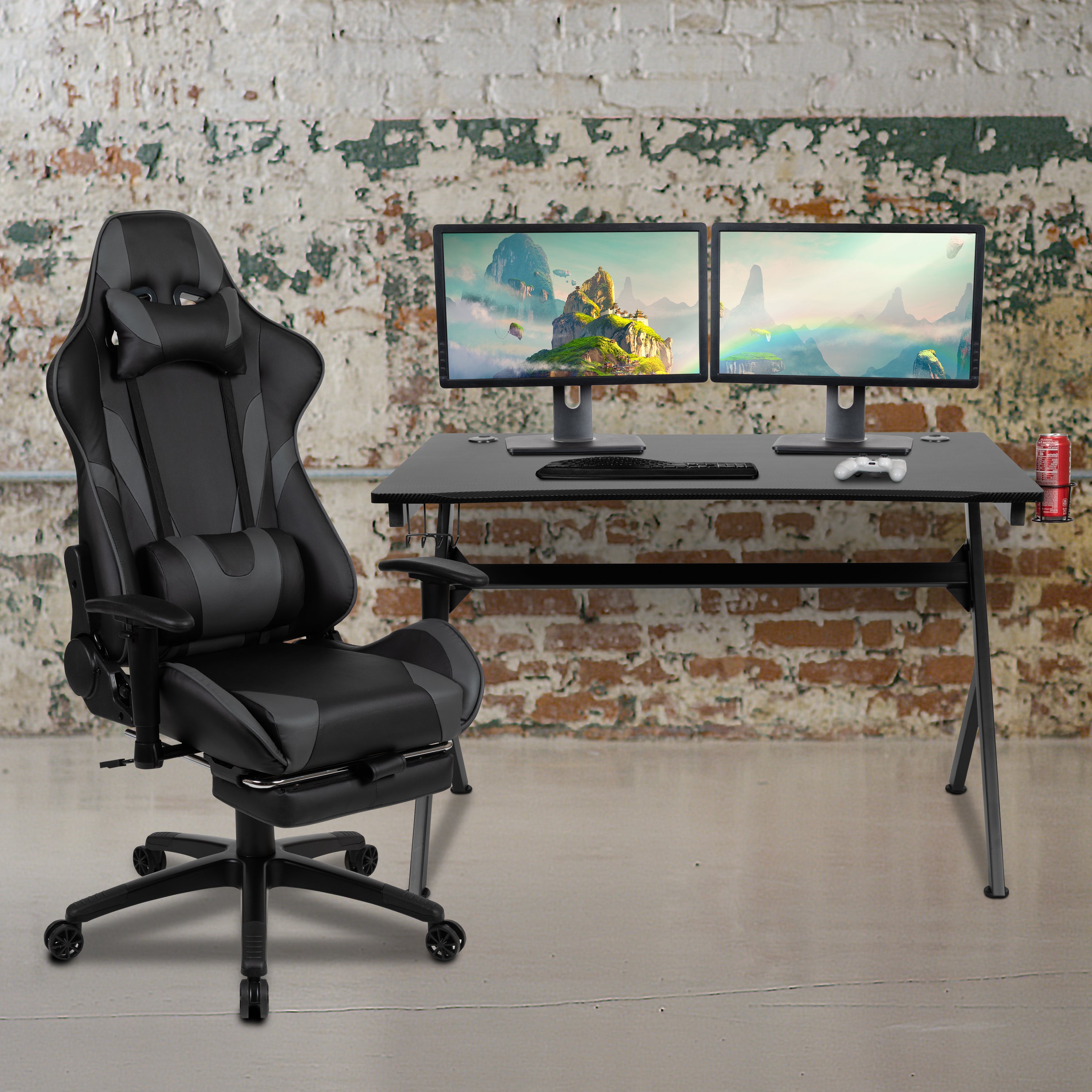 Gaming Desk and Footrest Reclining Gaming Chair Set with Cup Holder, Headphone Hook & 2 Wire Management Holes