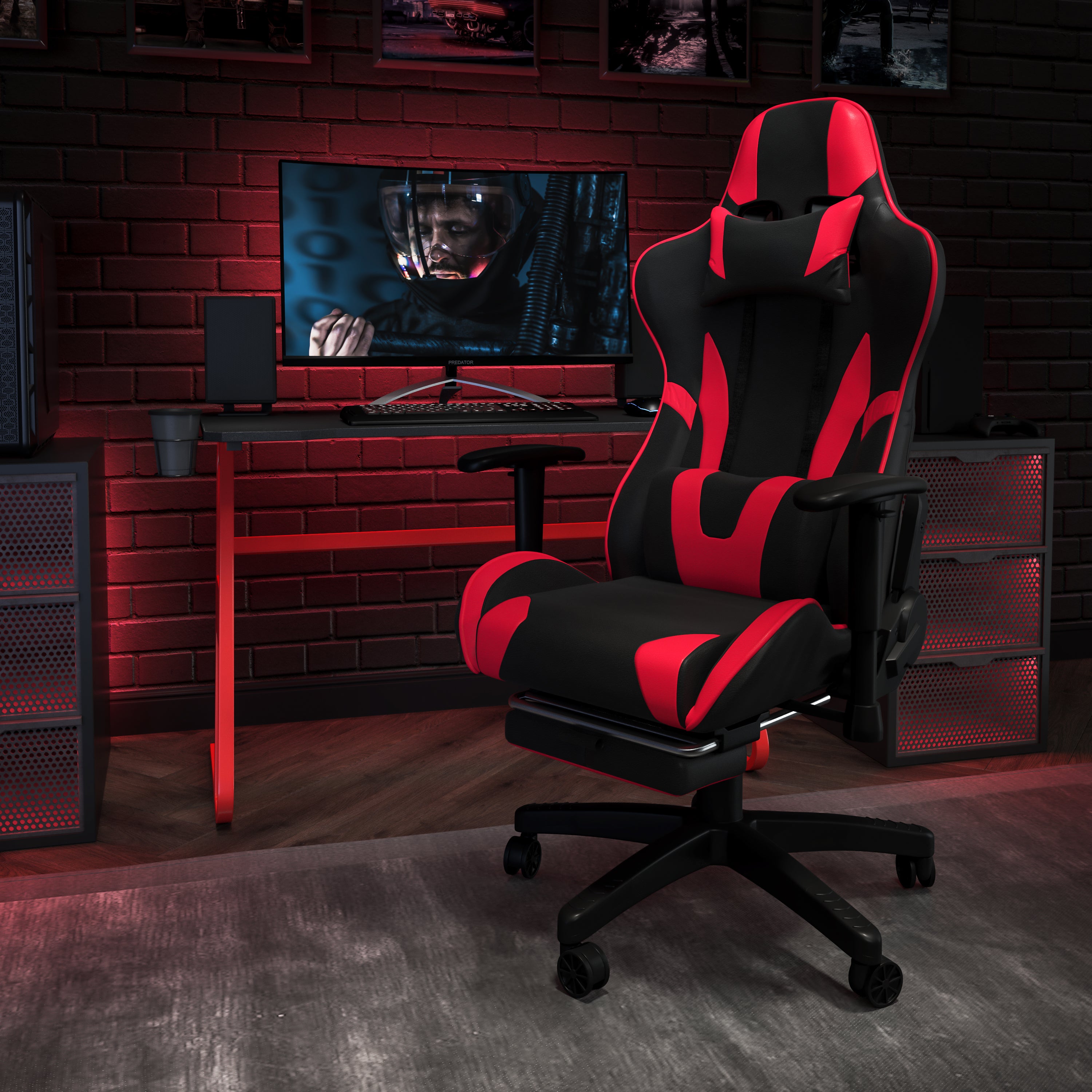 Gaming Desk and Footrest Reclining Gaming Chair Set with Cup Holder and Headphone Hook
