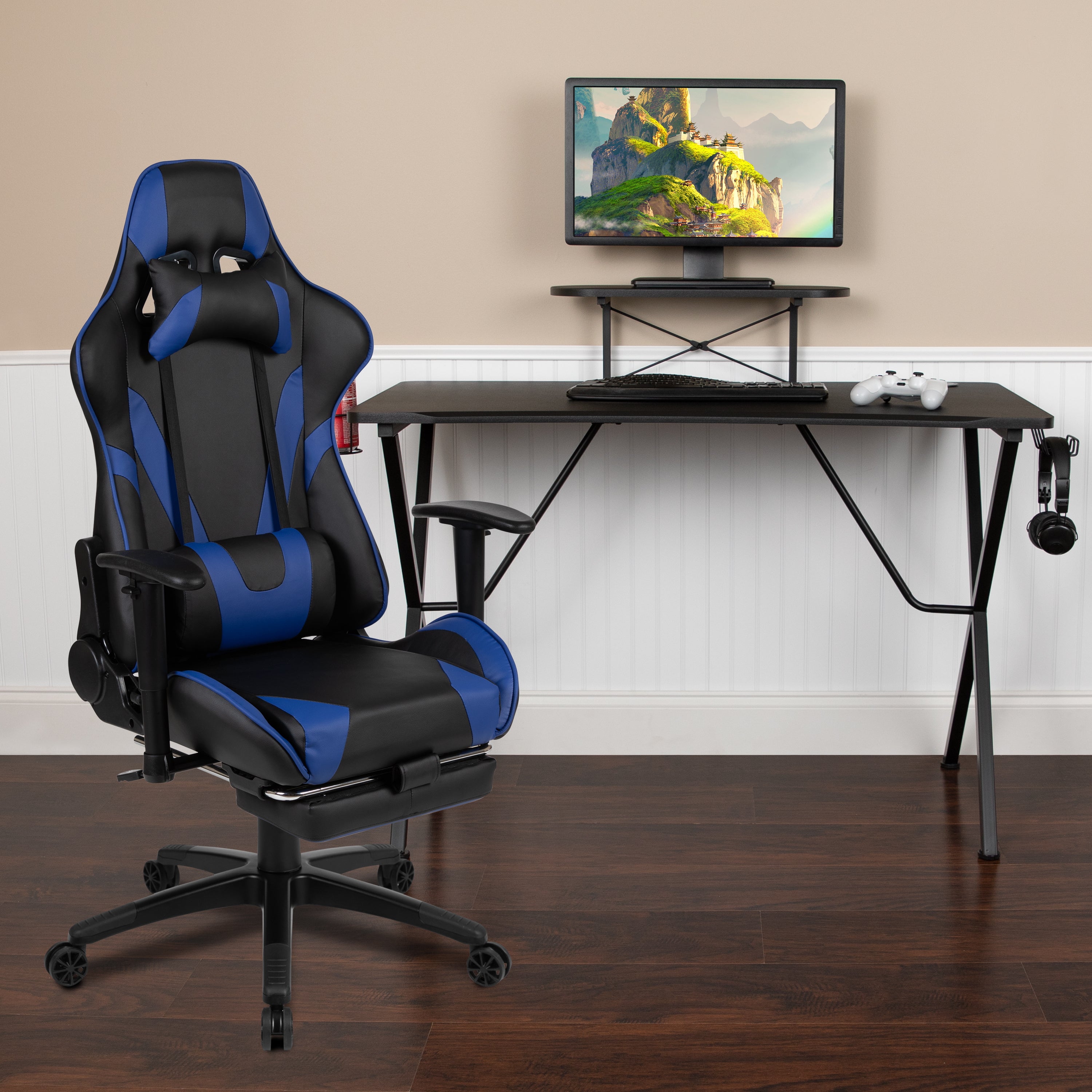 Gaming Desk and Footrest Reclining Gaming Chair Set with Cup Holder, Headphone Hook, and Monitor/Smartphone Stand