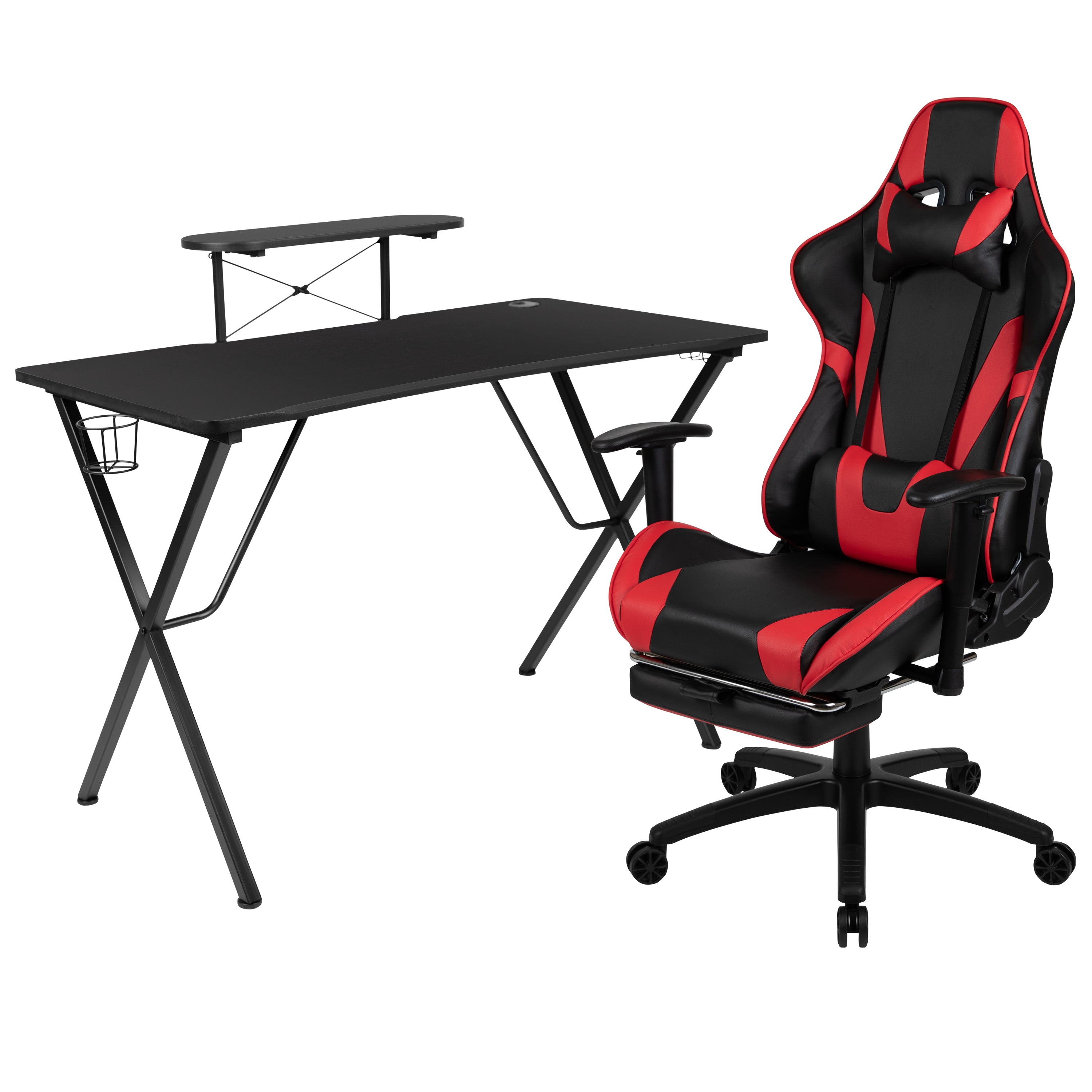 Gaming Desk and Footrest Reclining Gaming Chair Set with Cup Holder, Headphone Hook, and Monitor/Smartphone Stand