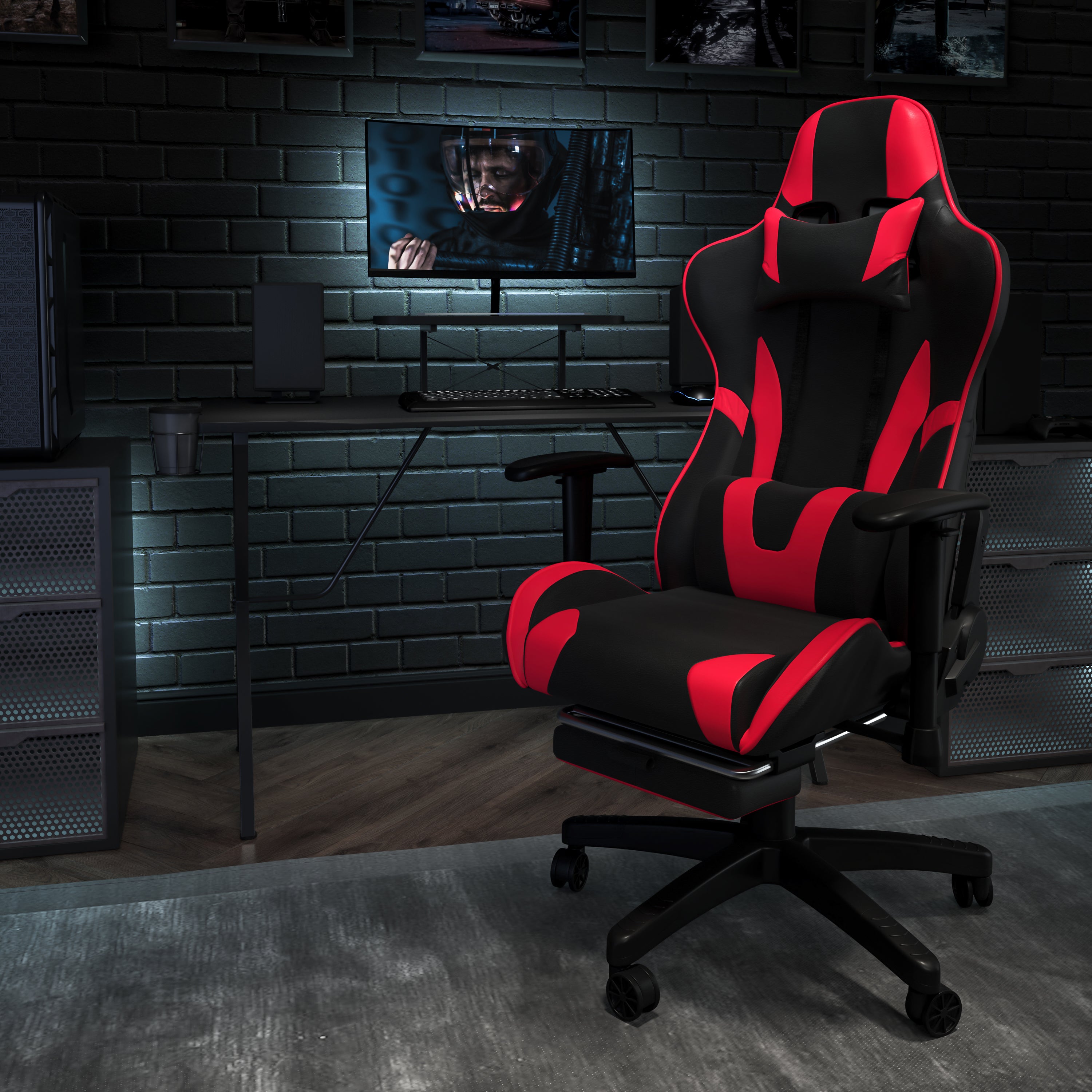 Gaming Desk and Footrest Reclining Gaming Chair Set with Cup Holder, Headphone Hook, and Monitor/Smartphone Stand