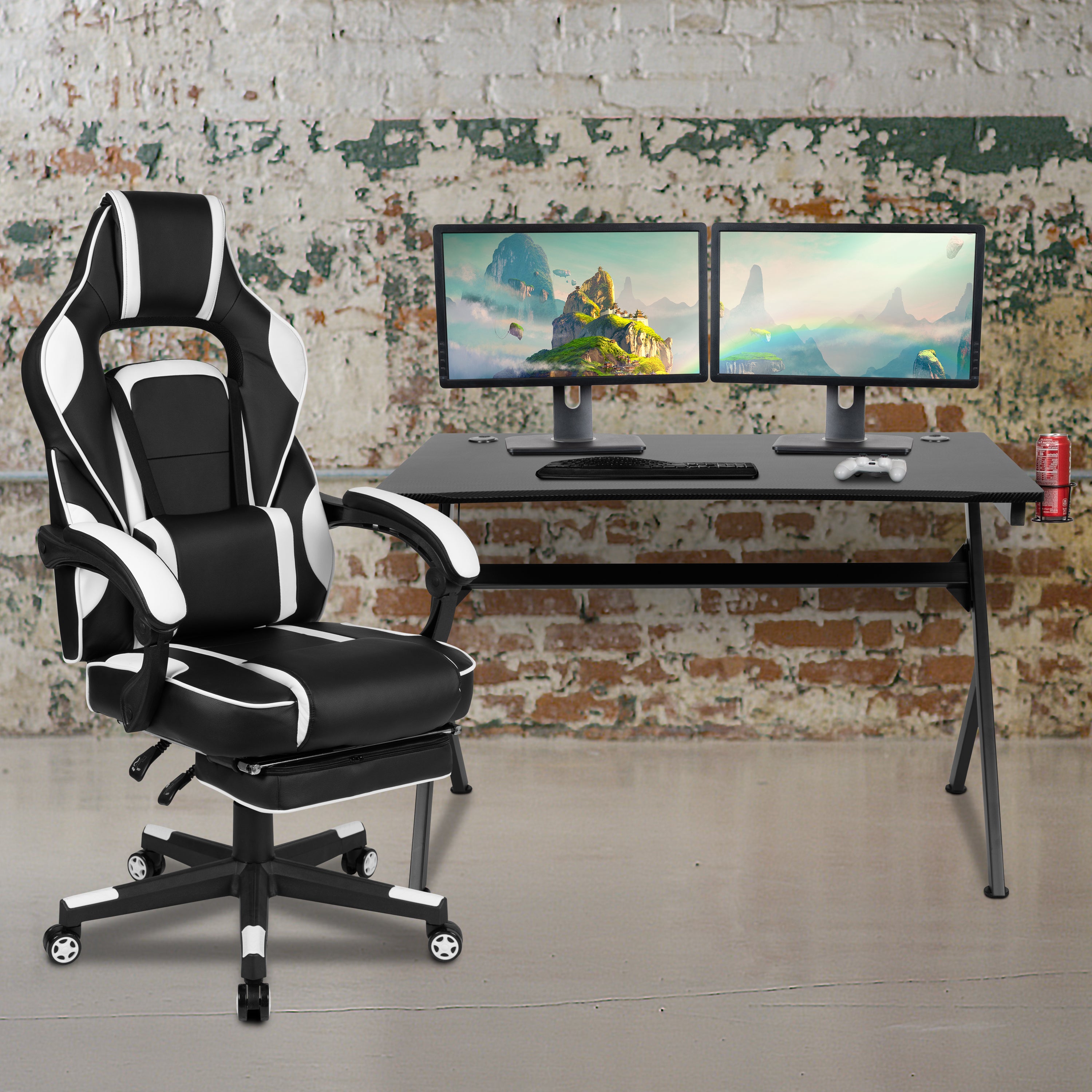 Gaming Desk with Cup Holder/Headphone Hook/2 Wire Management Holes & Reclining Back/Arms Gaming Chair with Footrest