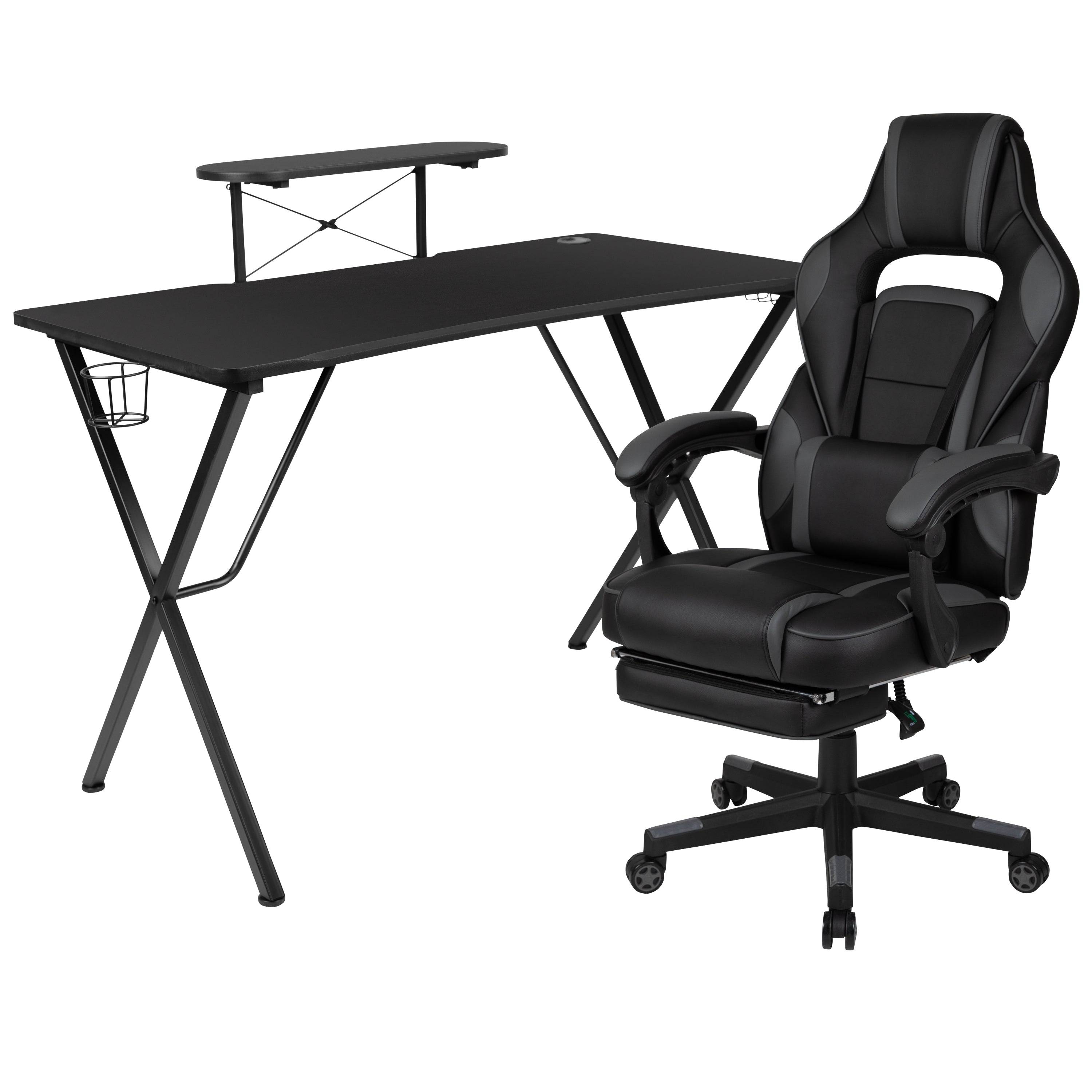 Gaming Desk with Cup Holder/Headphone Hook/Monitor Stand & Reclining Back/Arms Gaming Chair with Footrest