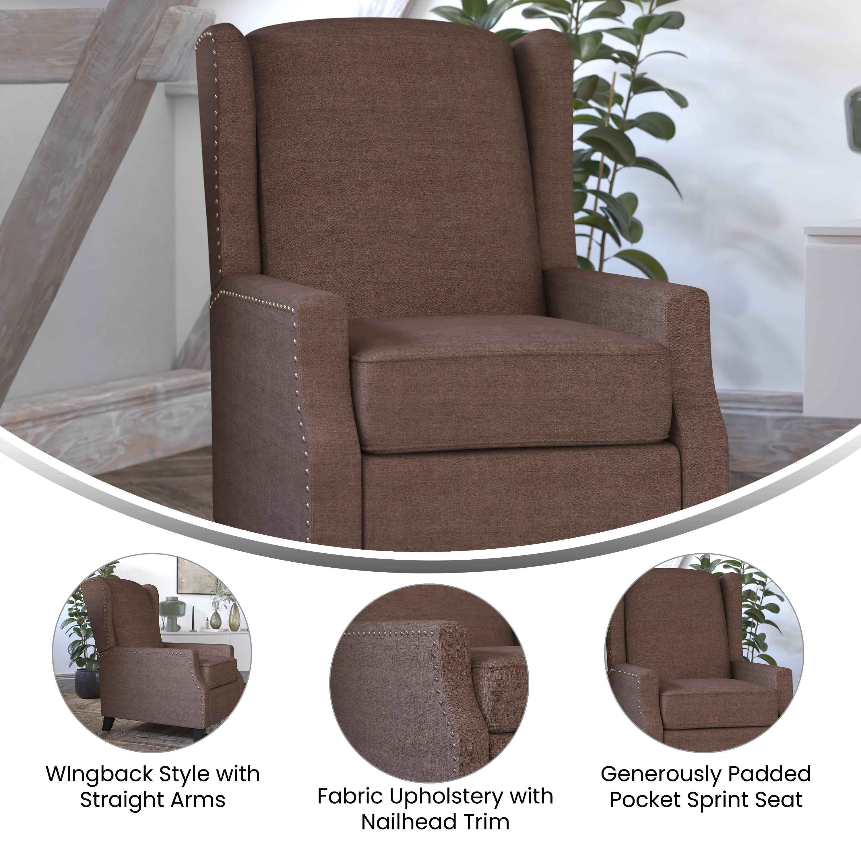 Prescott Traditional Style Slim Push Back Recliner Chair-Wingback Recliner with Polyester Fabric Upholstery-Accent Nail Trim