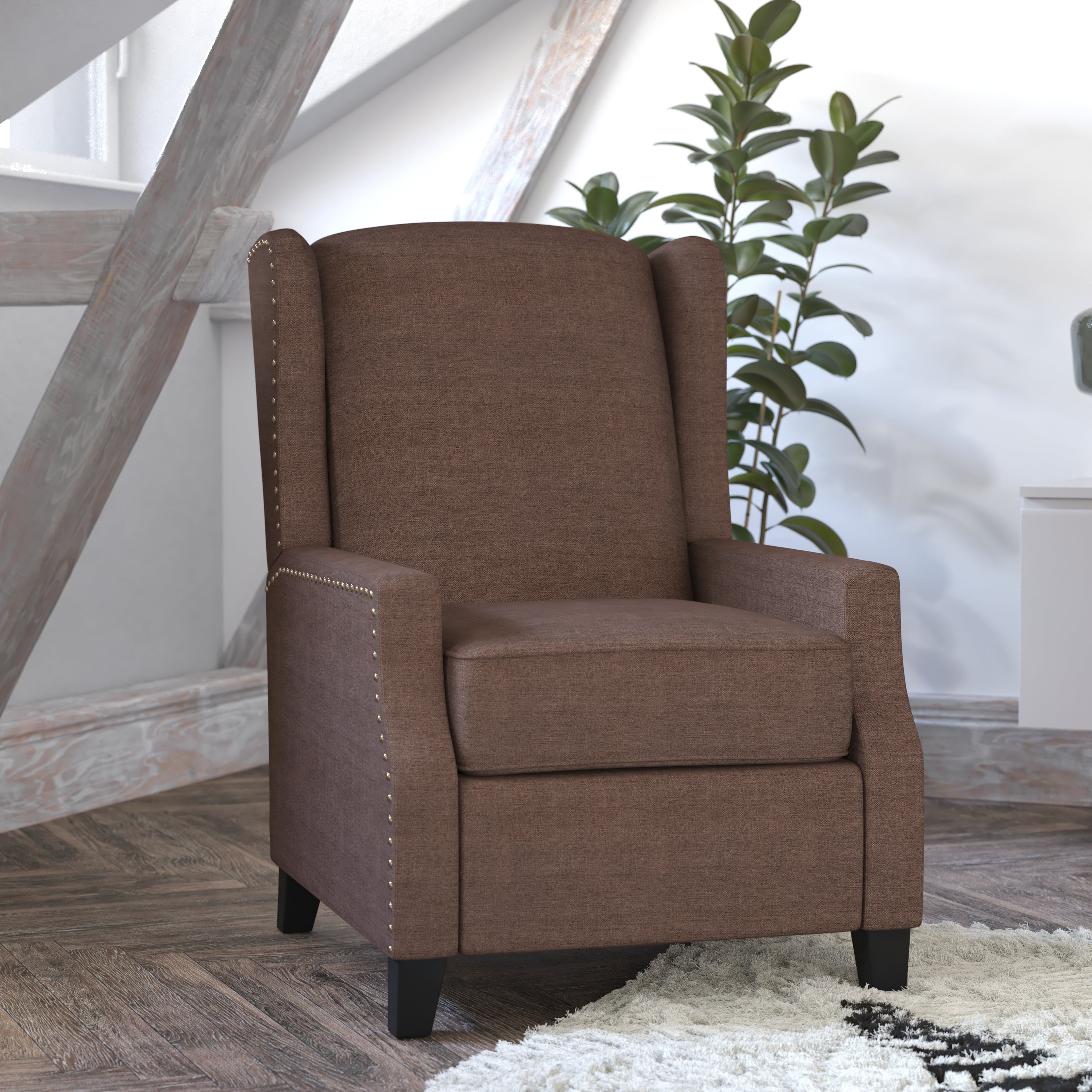 Prescott Traditional Style Slim Push Back Recliner Chair-Wingback Recliner with Polyester Fabric Upholstery-Accent Nail Trim