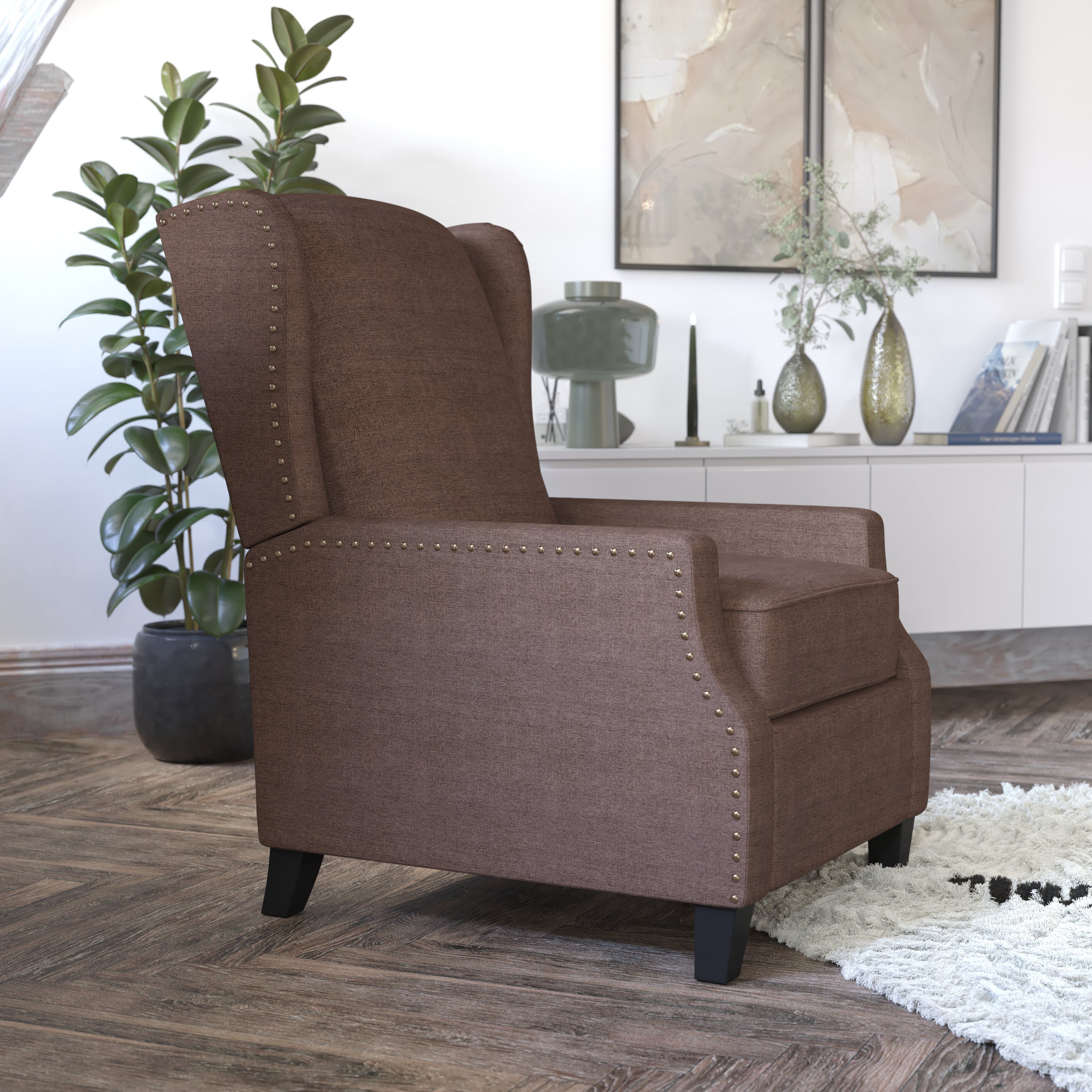 Prescott Traditional Style Slim Push Back Recliner Chair-Wingback Recliner with Polyester Fabric Upholstery-Accent Nail Trim