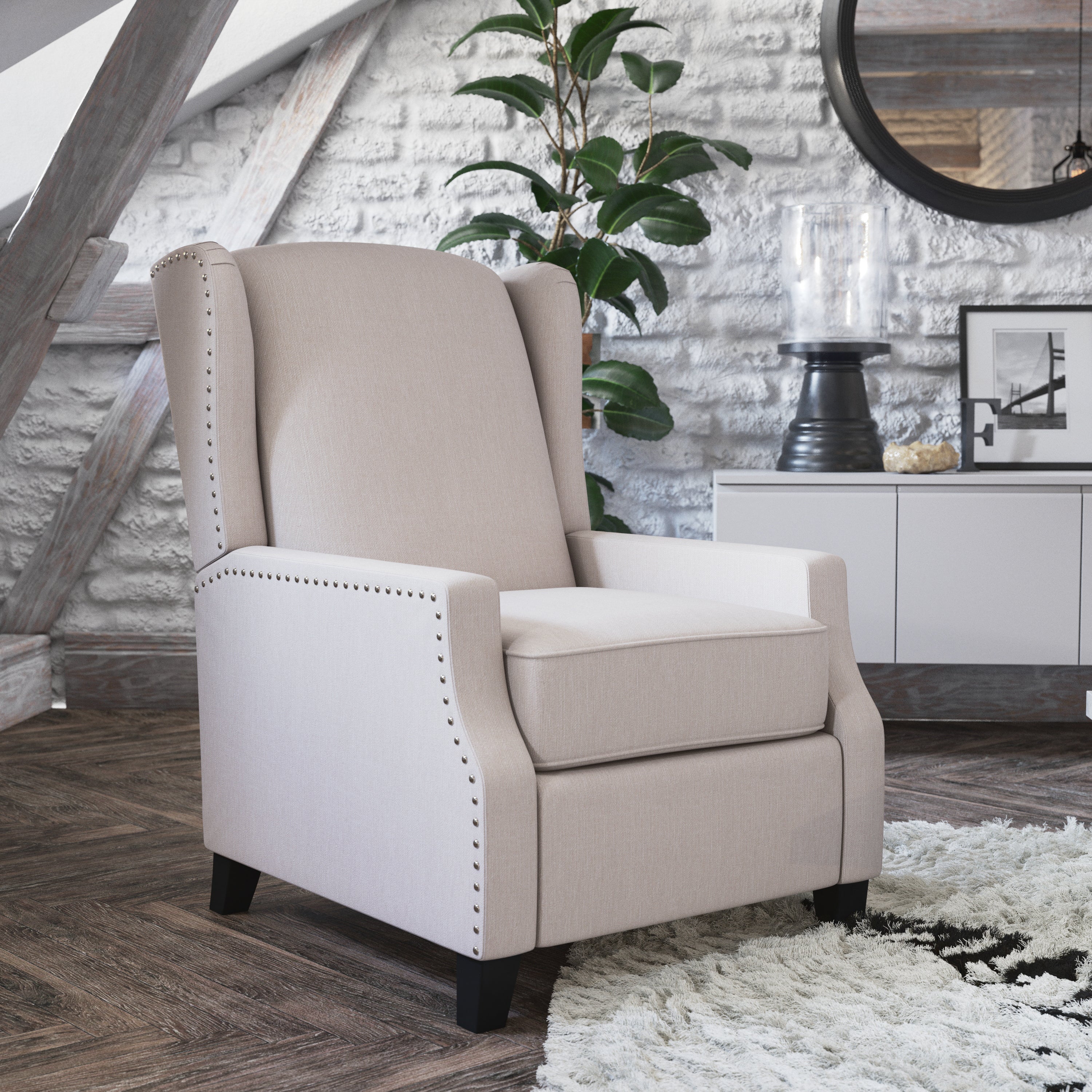 Prescott Traditional Style Slim Push Back Recliner Chair-Wingback Recliner with Polyester Fabric Upholstery-Accent Nail Trim