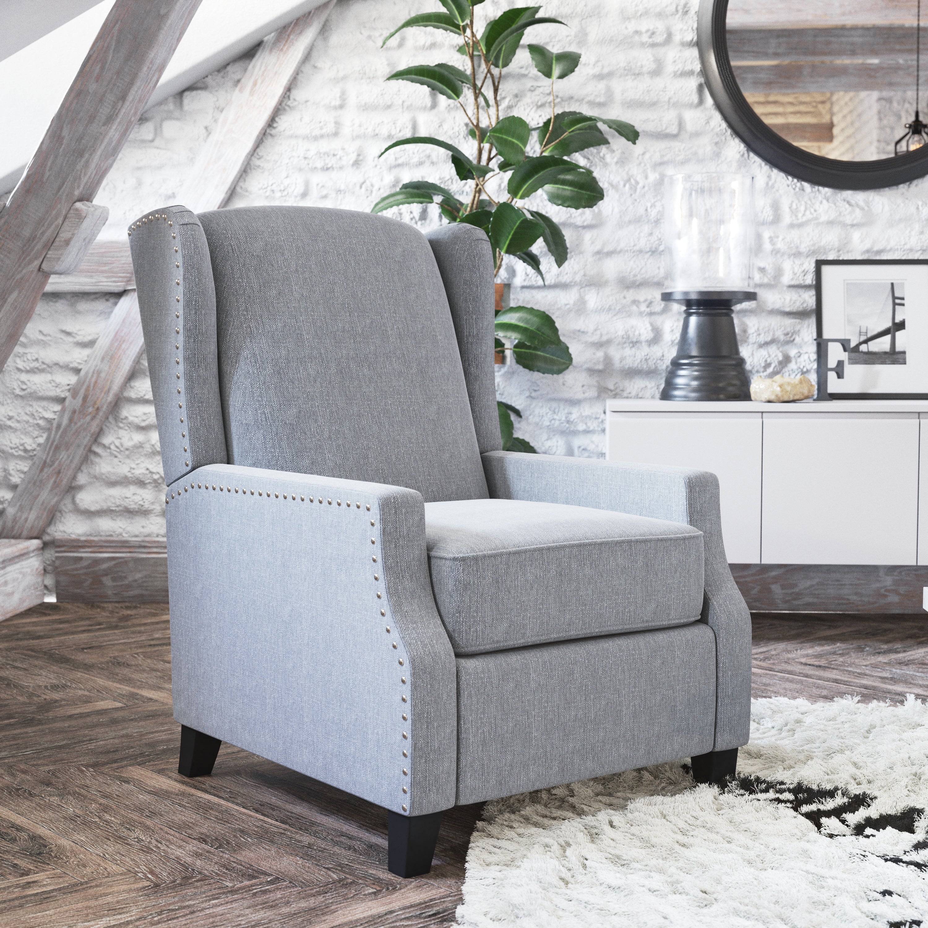 Prescott Traditional Style Slim Push Back Recliner Chair-Wingback Recliner with Polyester Fabric Upholstery-Accent Nail Trim