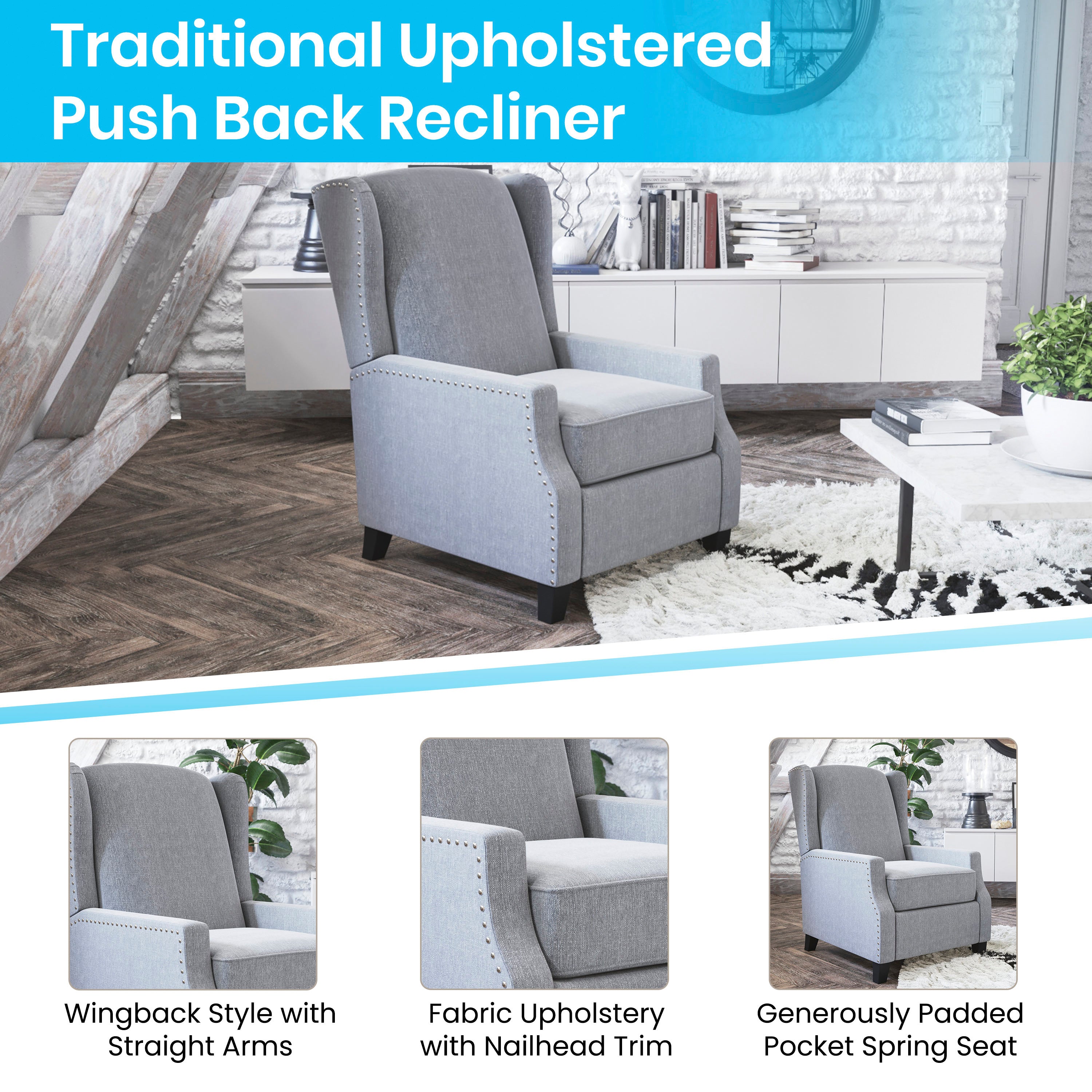 Prescott Traditional Style Slim Push Back Recliner Chair-Wingback Recliner with Polyester Fabric Upholstery-Accent Nail Trim