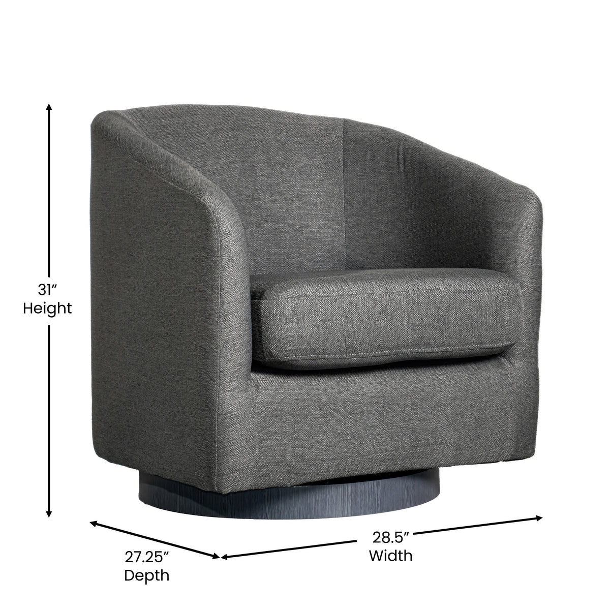 Landon Club Style Commercial Barrel Accent Armchair with 360 Degree Swivel Metal Base and Sloped Armrests