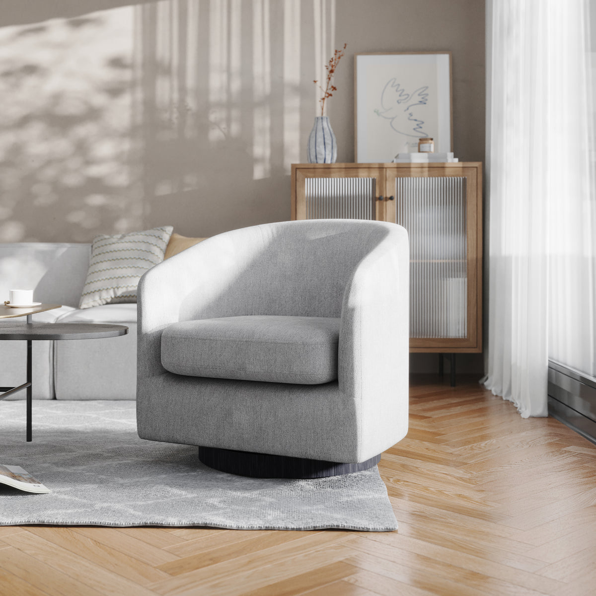 Landon Club Style Commercial Barrel Accent Armchair with 360 Degree Swivel Metal Base and Sloped Armrests
