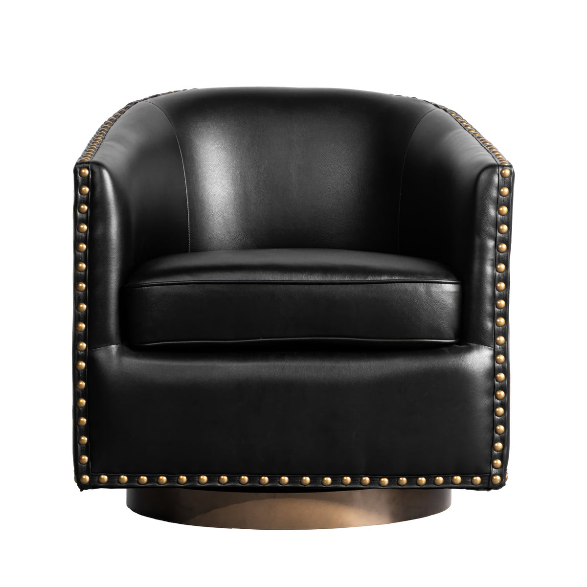 Myles Club Style Commercial Barrel Accent Armchair with 360° Swivel Metal Base and Upholstery with Decorative Nail Head Trim