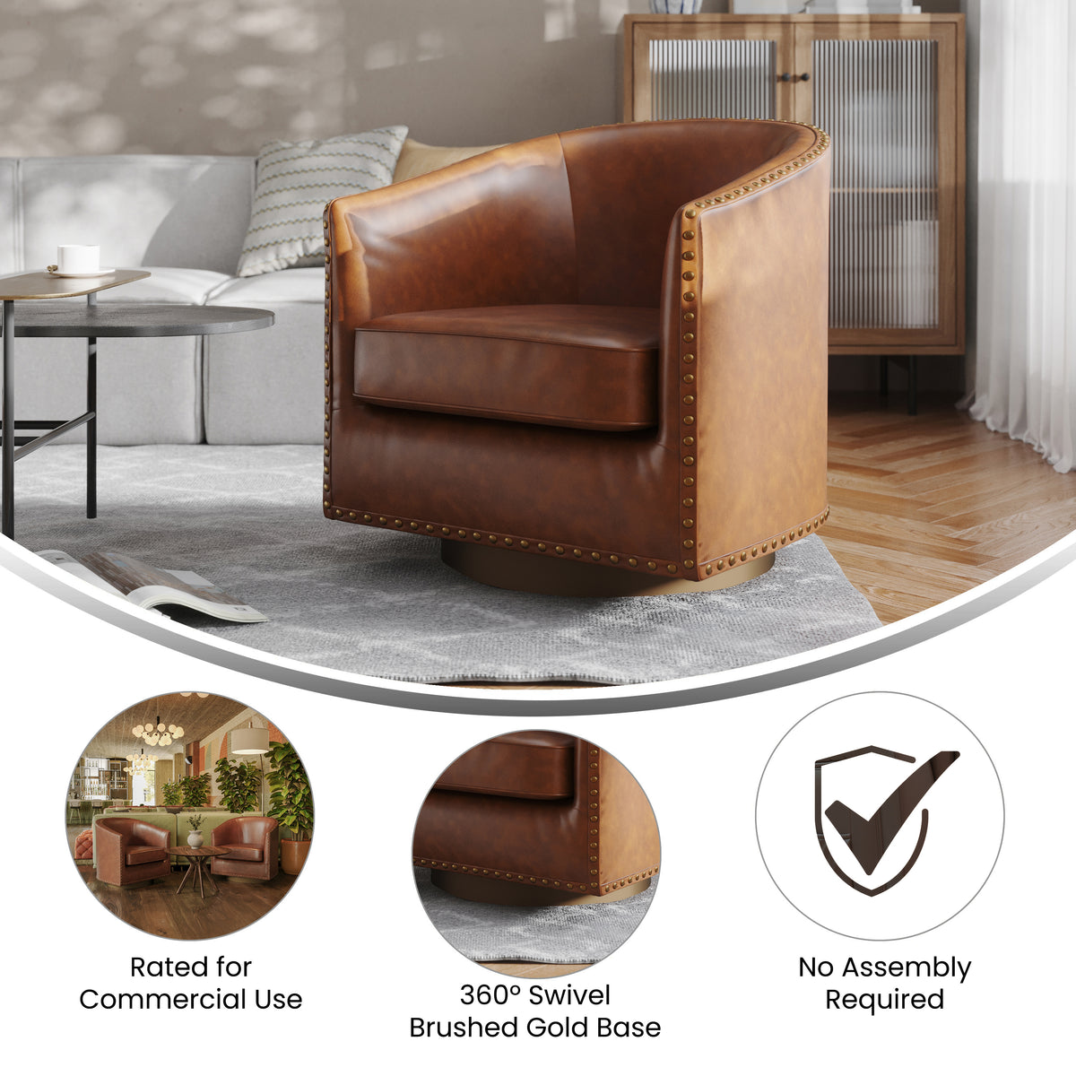Myles Club Style Commercial Barrel Accent Armchair with 360° Swivel Metal Base and Upholstery with Decorative Nail Head Trim