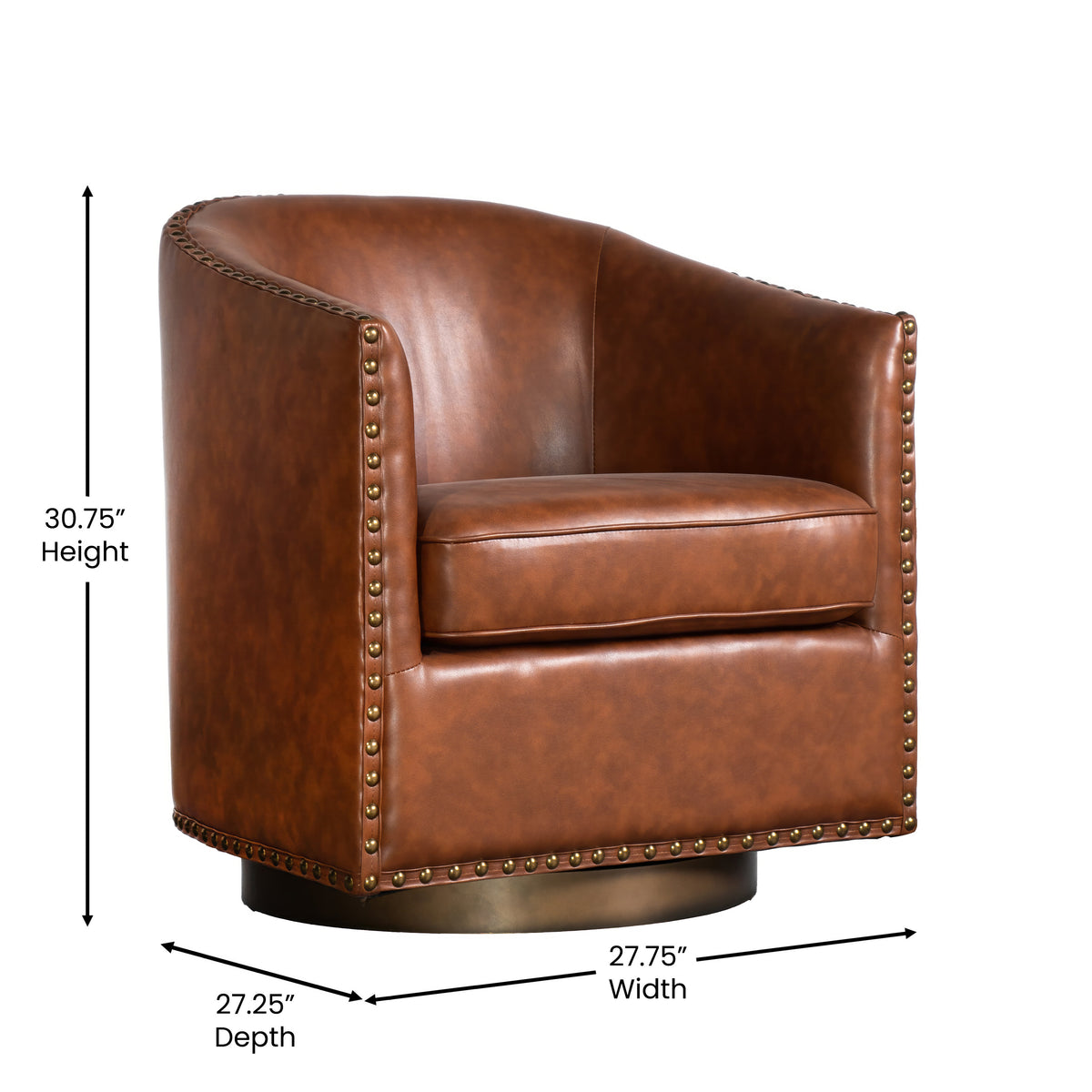 Myles Club Style Commercial Barrel Accent Armchair with 360° Swivel Metal Base and Upholstery with Decorative Nail Head Trim