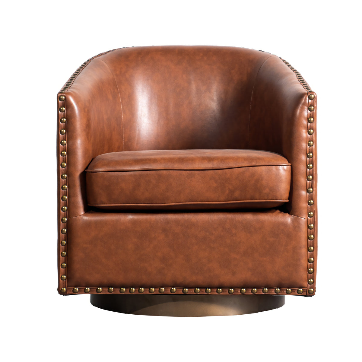Myles Club Style Commercial Barrel Accent Armchair with 360° Swivel Metal Base and Upholstery with Decorative Nail Head Trim