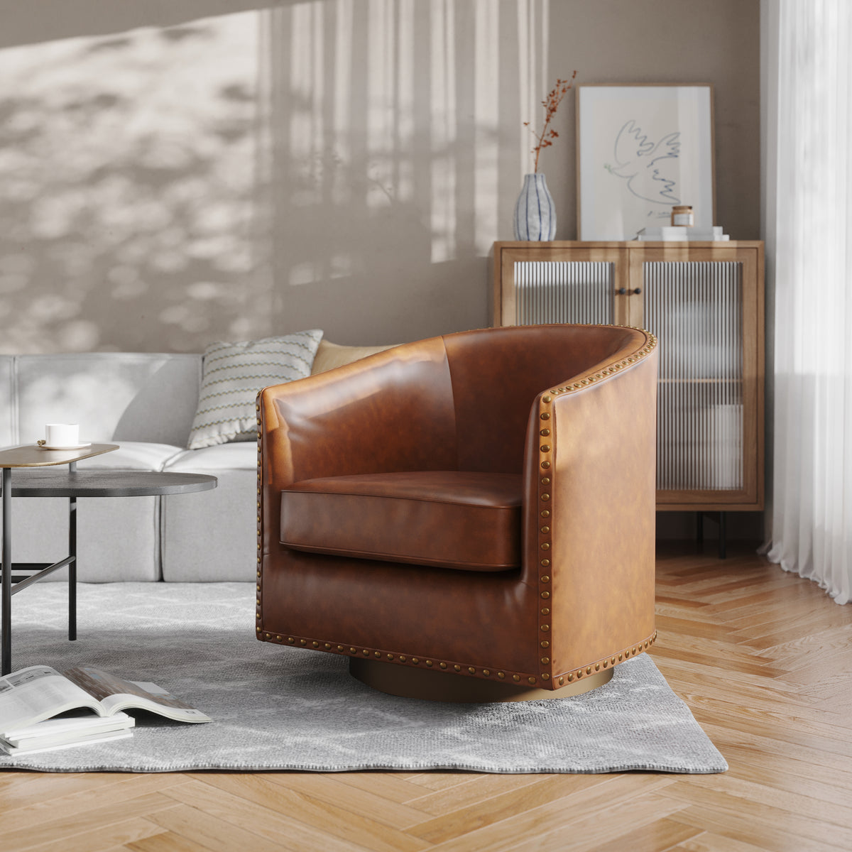 Myles Club Style Commercial Barrel Accent Armchair with 360° Swivel Metal Base and Upholstery with Decorative Nail Head Trim