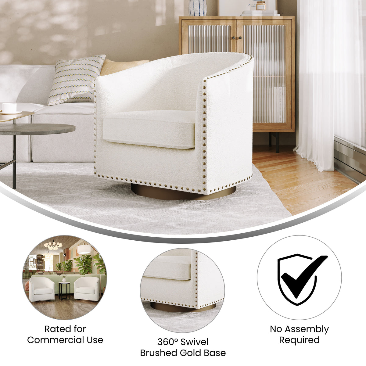 Myles Club Style Commercial Barrel Accent Armchair with 360° Swivel Metal Base and Upholstery with Decorative Nail Head Trim