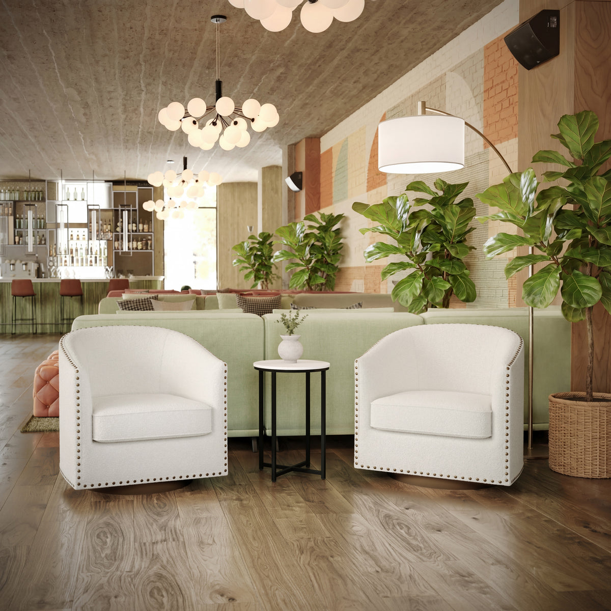 Myles Club Style Commercial Barrel Accent Armchair with 360° Swivel Metal Base and Upholstery with Decorative Nail Head Trim
