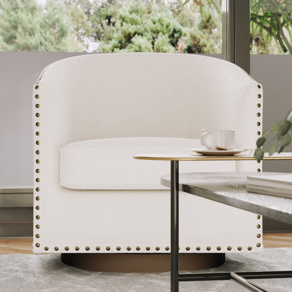 Myles Club Style Commercial Barrel Accent Armchair with 360° Swivel Metal Base and Upholstery with Decorative Nail Head Trim