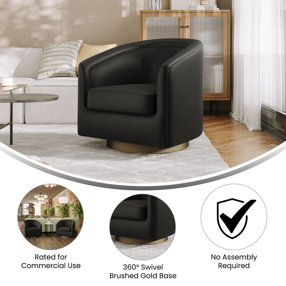 Dean Club Style Commercial Barrel Accent Armchair with 360 Degree Swivel Metal Base and Sloped Armrests