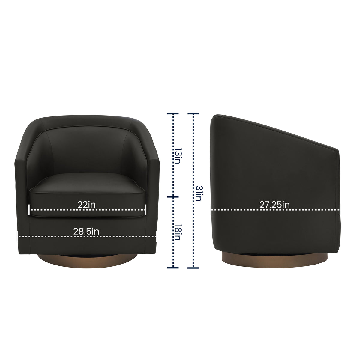 Dean Club Style Commercial Barrel Accent Armchair with 360 Degree Swivel Metal Base and Sloped Armrests