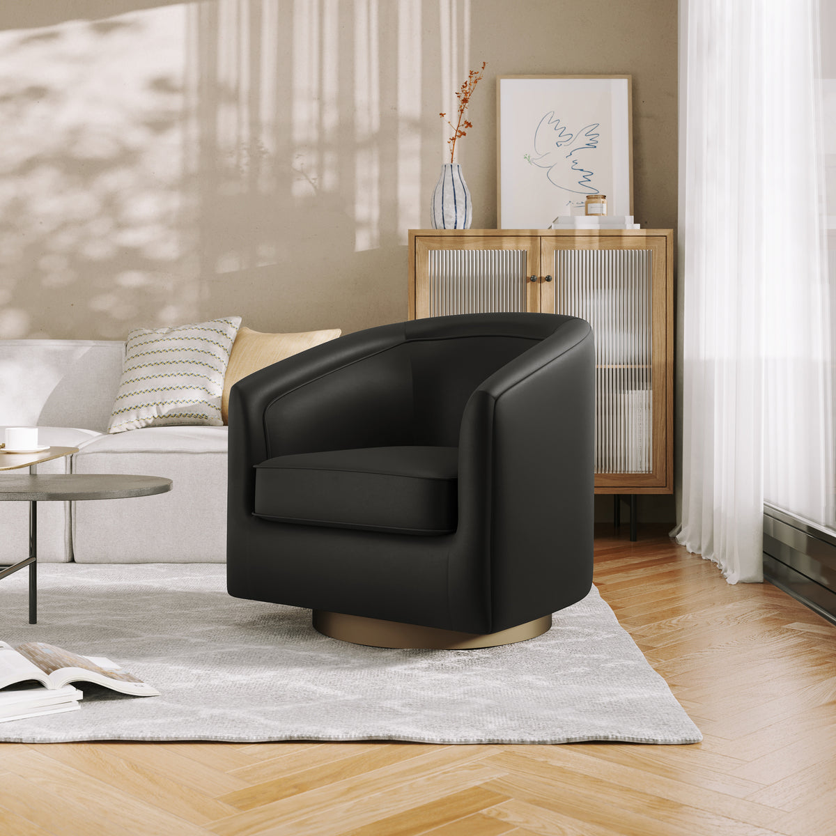 Dean Club Style Commercial Barrel Accent Armchair with 360 Degree Swivel Metal Base and Sloped Armrests