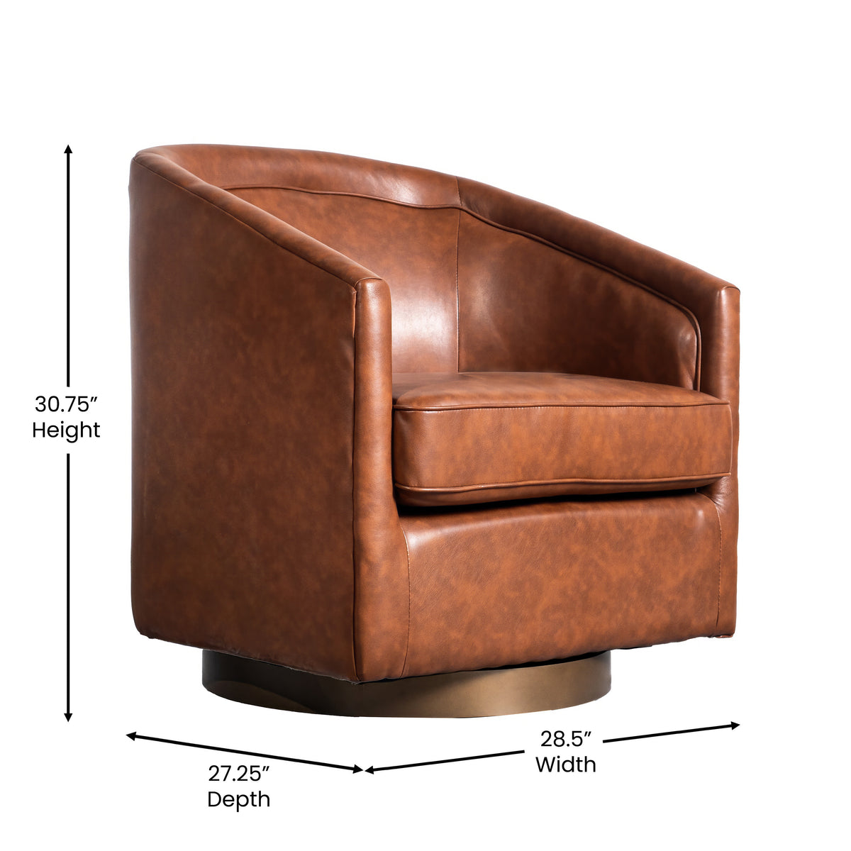 Dean Club Style Commercial Barrel Accent Armchair with 360 Degree Swivel Metal Base and Sloped Armrests