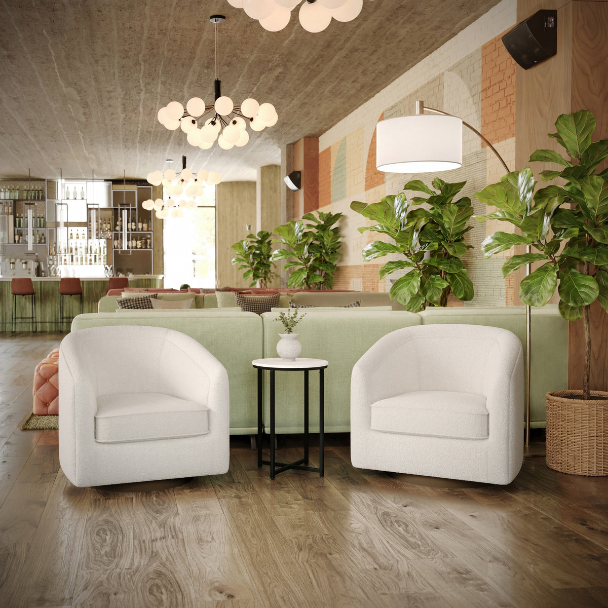 Dean Club Style Commercial Barrel Accent Armchair with 360 Degree Swivel Metal Base and Sloped Armrests