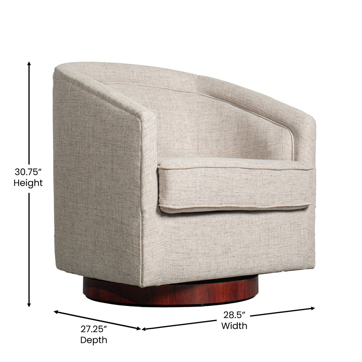 Dean Club Style Commercial Barrel Accent Armchair with 360 Degree Swivel Metal Base and Sloped Armrests
