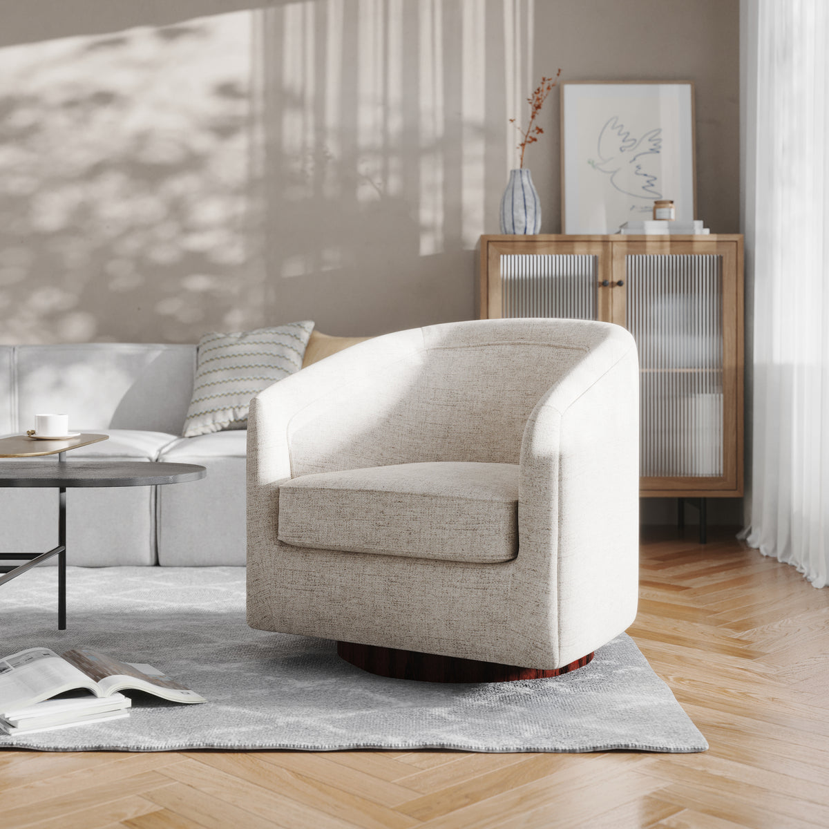 Dean Club Style Commercial Barrel Accent Armchair with 360 Degree Swivel Metal Base and Sloped Armrests