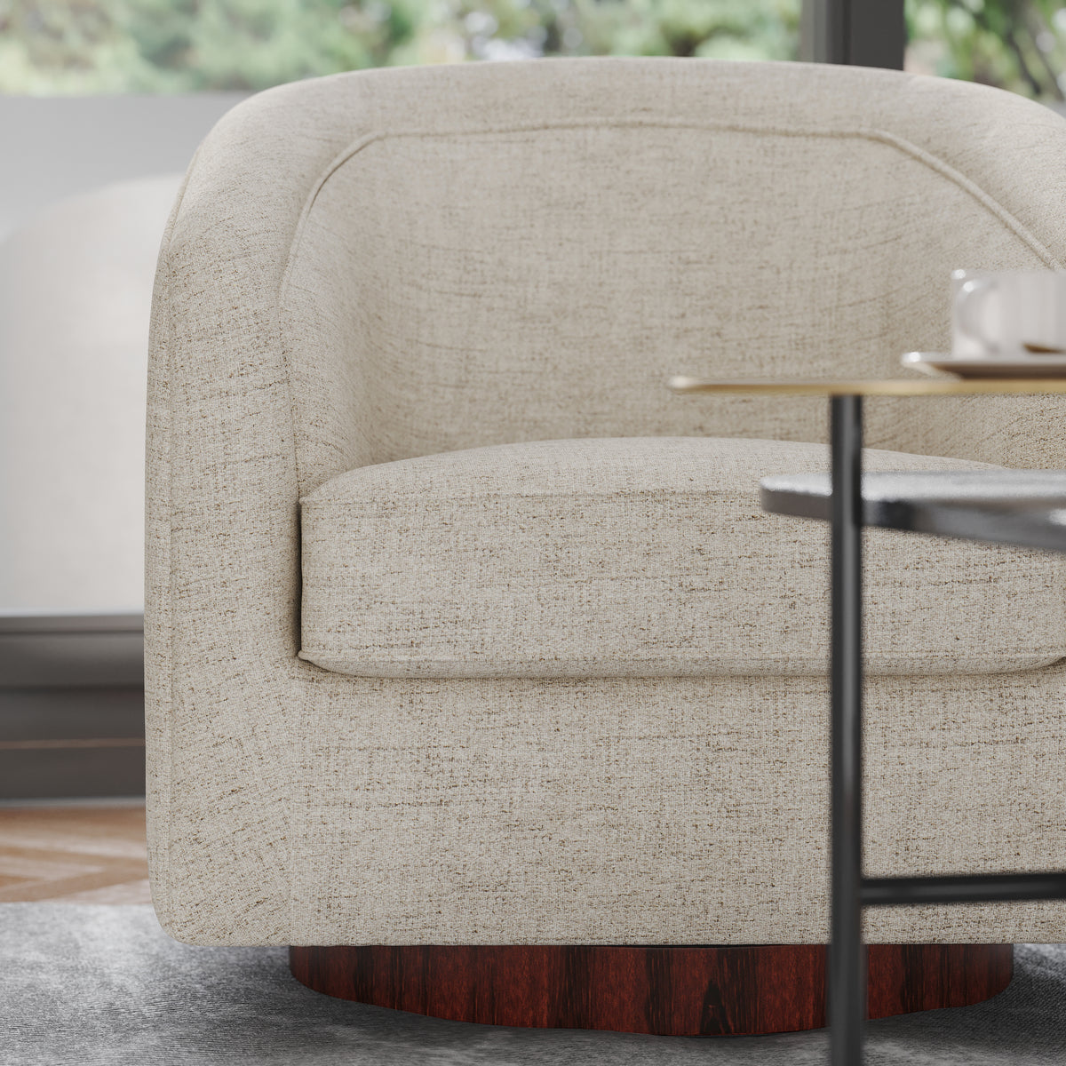Dean Club Style Commercial Barrel Accent Armchair with 360 Degree Swivel Metal Base and Sloped Armrests