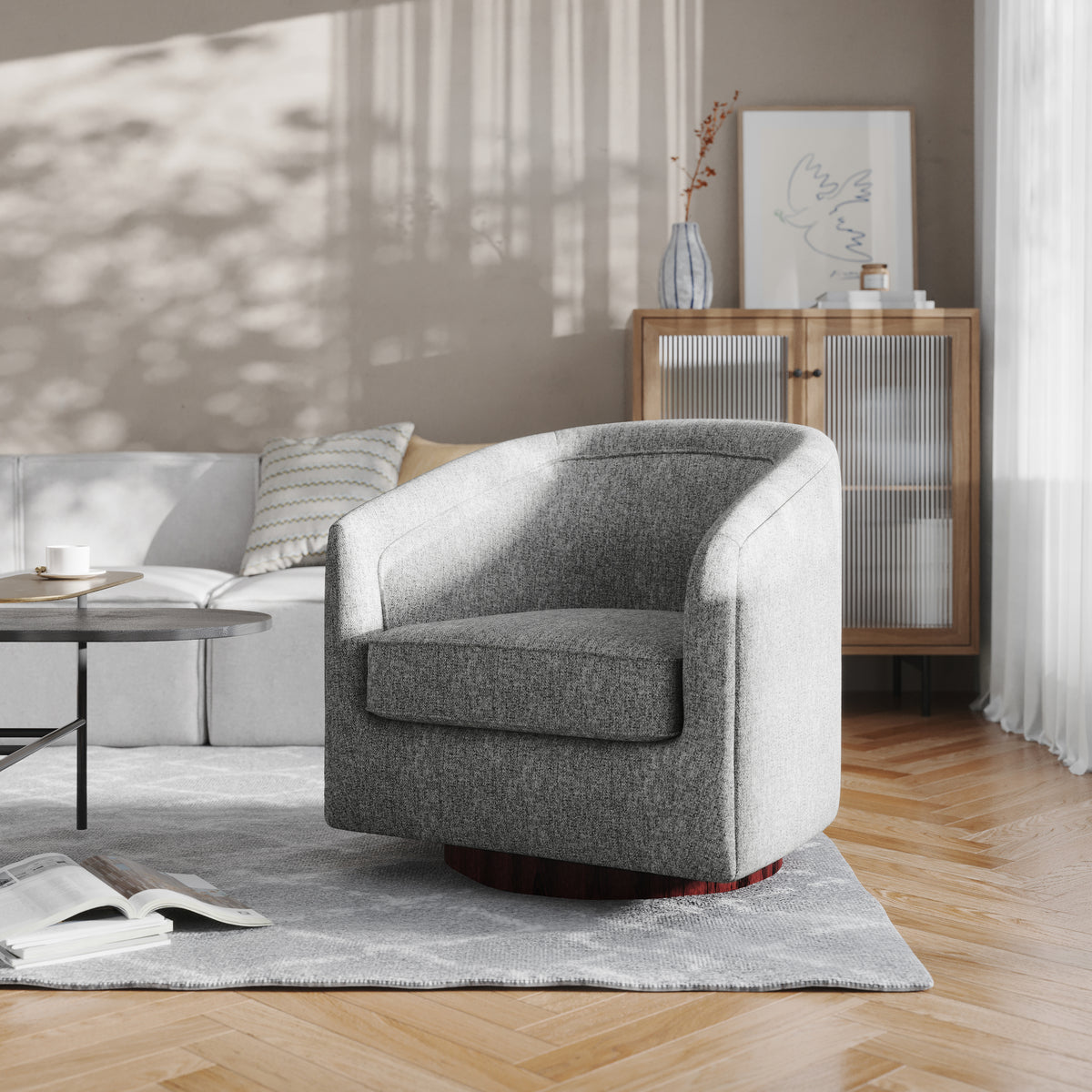 Dean Club Style Commercial Barrel Accent Armchair with 360 Degree Swivel Metal Base and Sloped Armrests