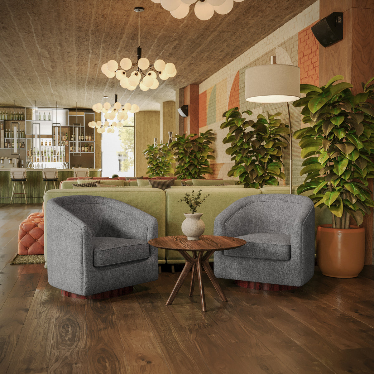 Dean Club Style Commercial Barrel Accent Armchair with 360 Degree Swivel Metal Base and Sloped Armrests