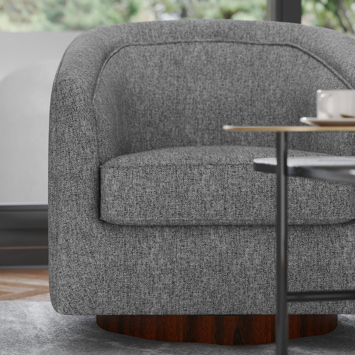 Dean Club Style Commercial Barrel Accent Armchair with 360 Degree Swivel Metal Base and Sloped Armrests